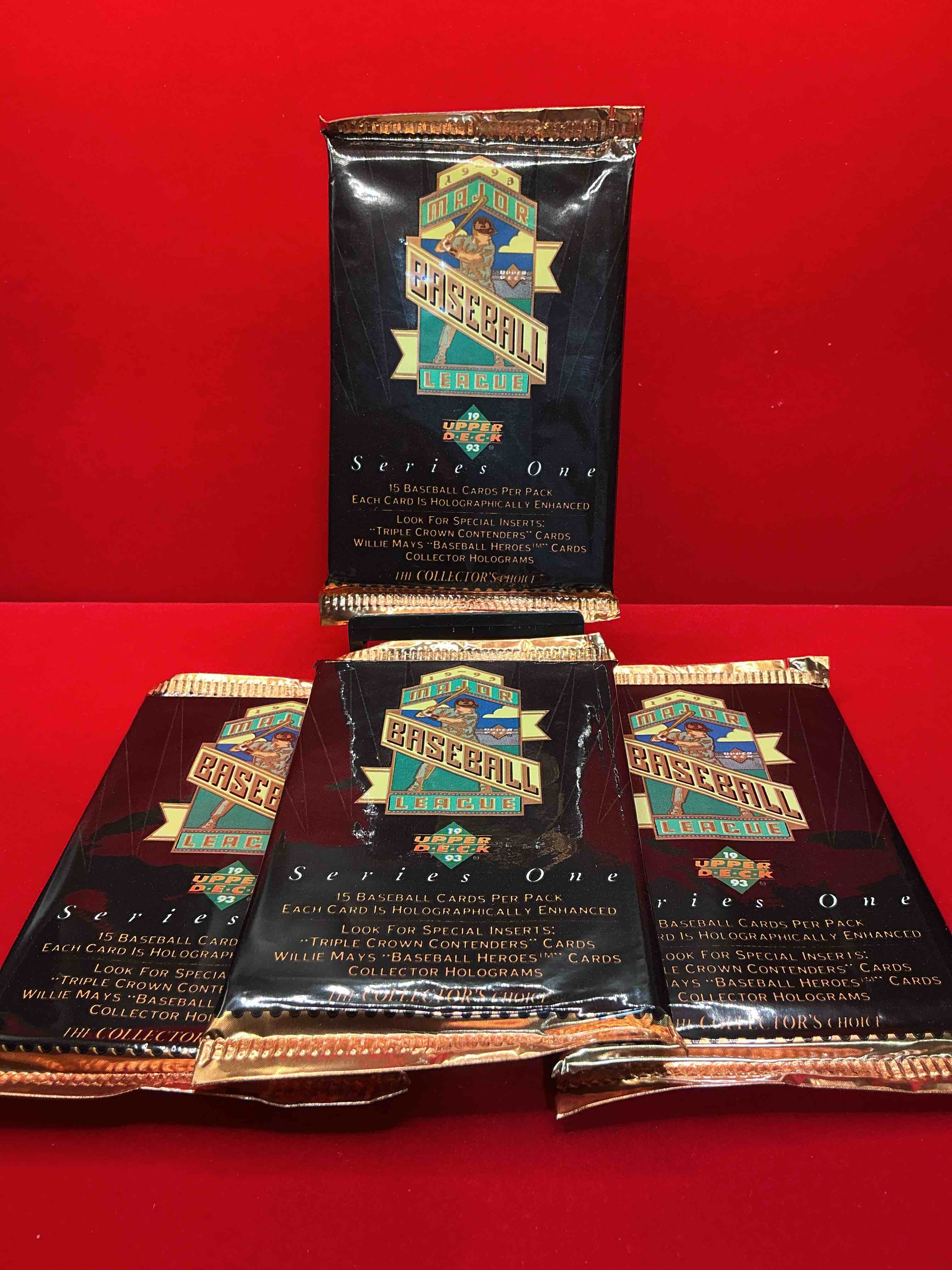 1993 upper deck series 1 baseball sealed 15 card pack, direct from original retail display case, search for derek jeter, ken griffey jr. & so much more! search for highly collectible inserts. these cards are highly sought after by collectors for their holographic design, these are premium baseball cards from 1993!