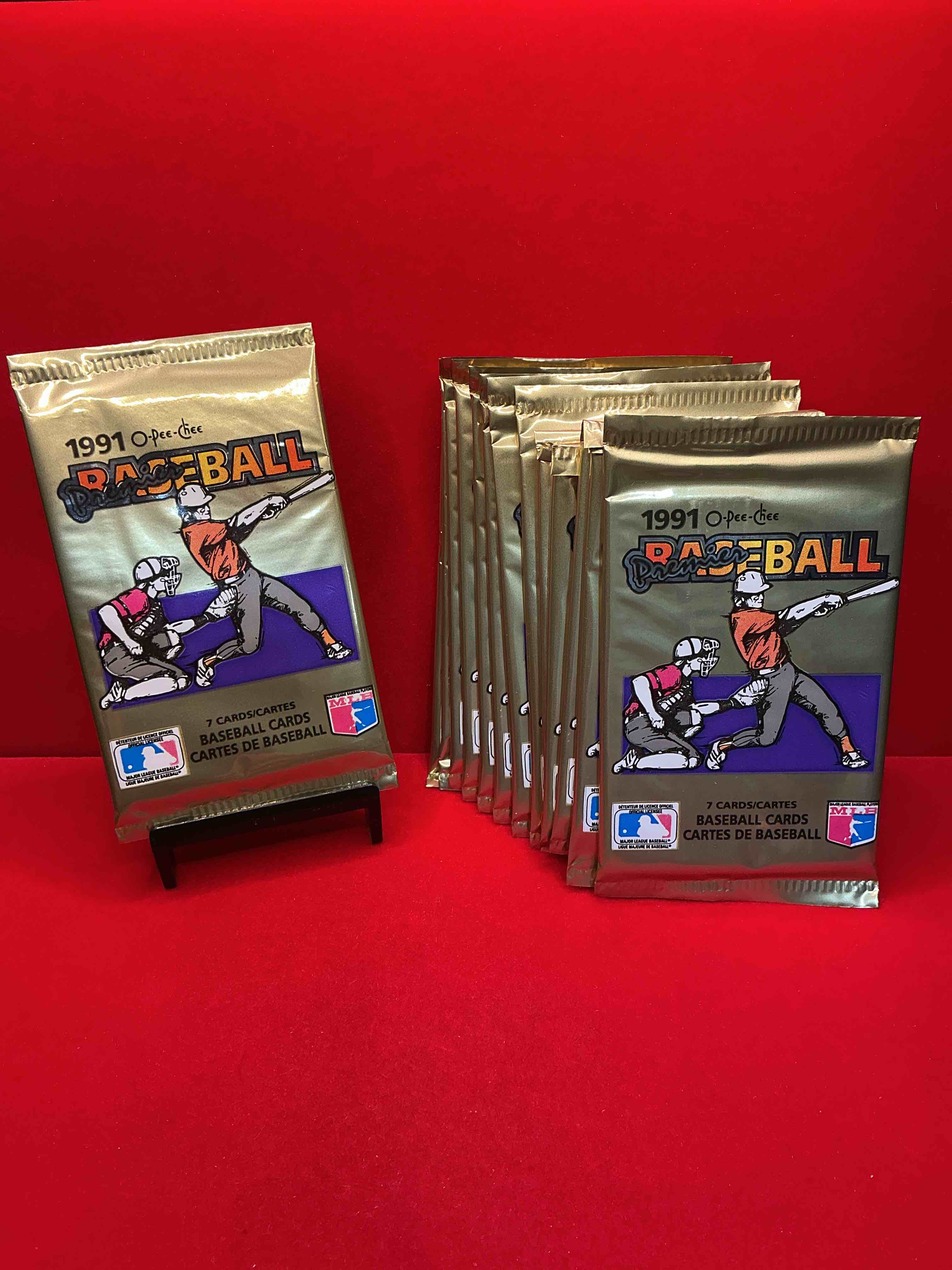 1991 premier baseball o-pee-chee unopened packs, direct from box! rare canadian sports cards with the chance for some great cards inside! baseball extravaganza!