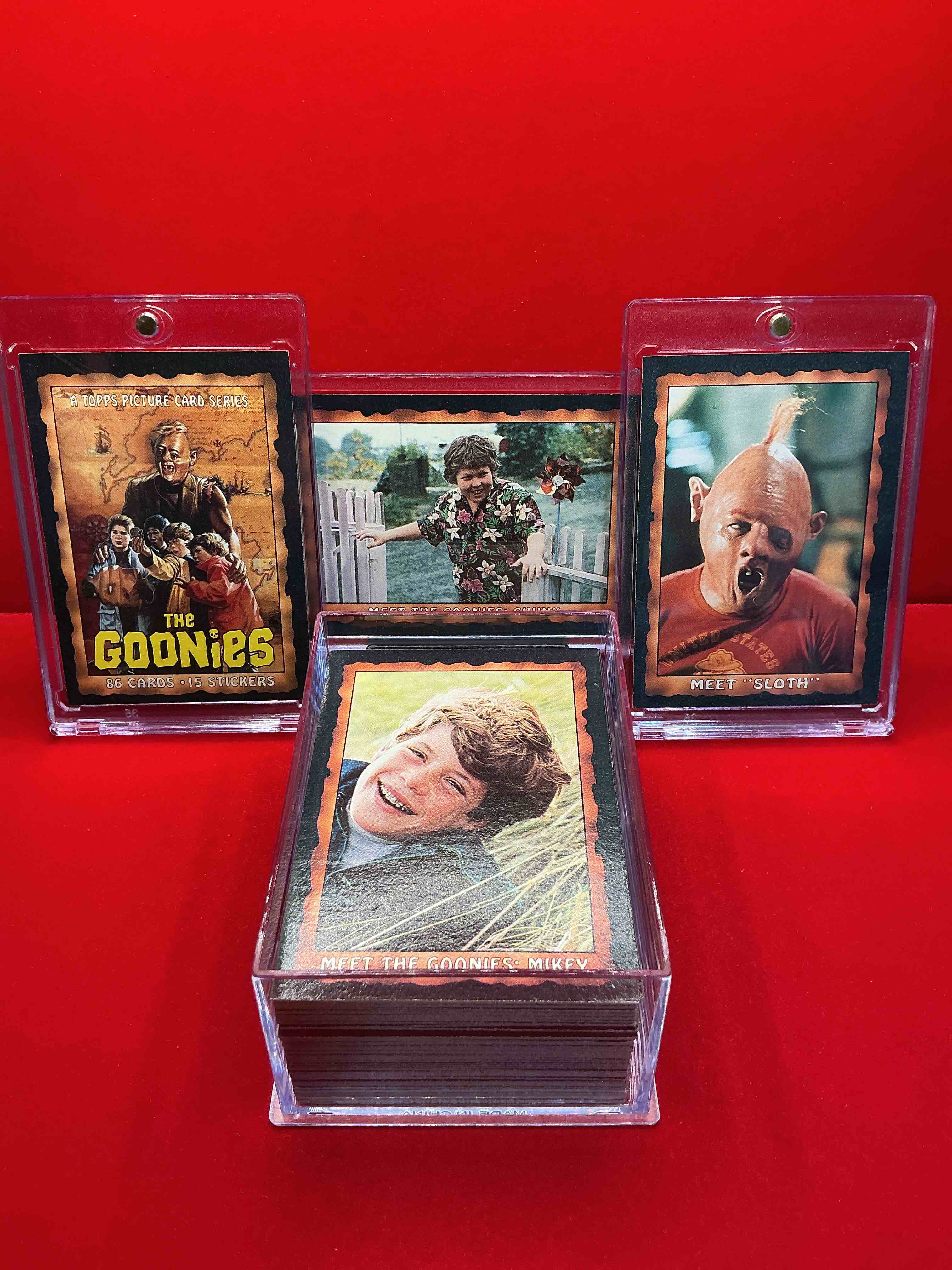 1985 goonies wow! complete, original & authentic “goonies” movie trading card collection, all 86 cards included! excellent condition! this is a serious pop culture collectible, ultra rare complete & in this great condition! your chance to own a little “piece of the 80’s” & have some collectible fun with chunk, sloth & the rest of the gang!