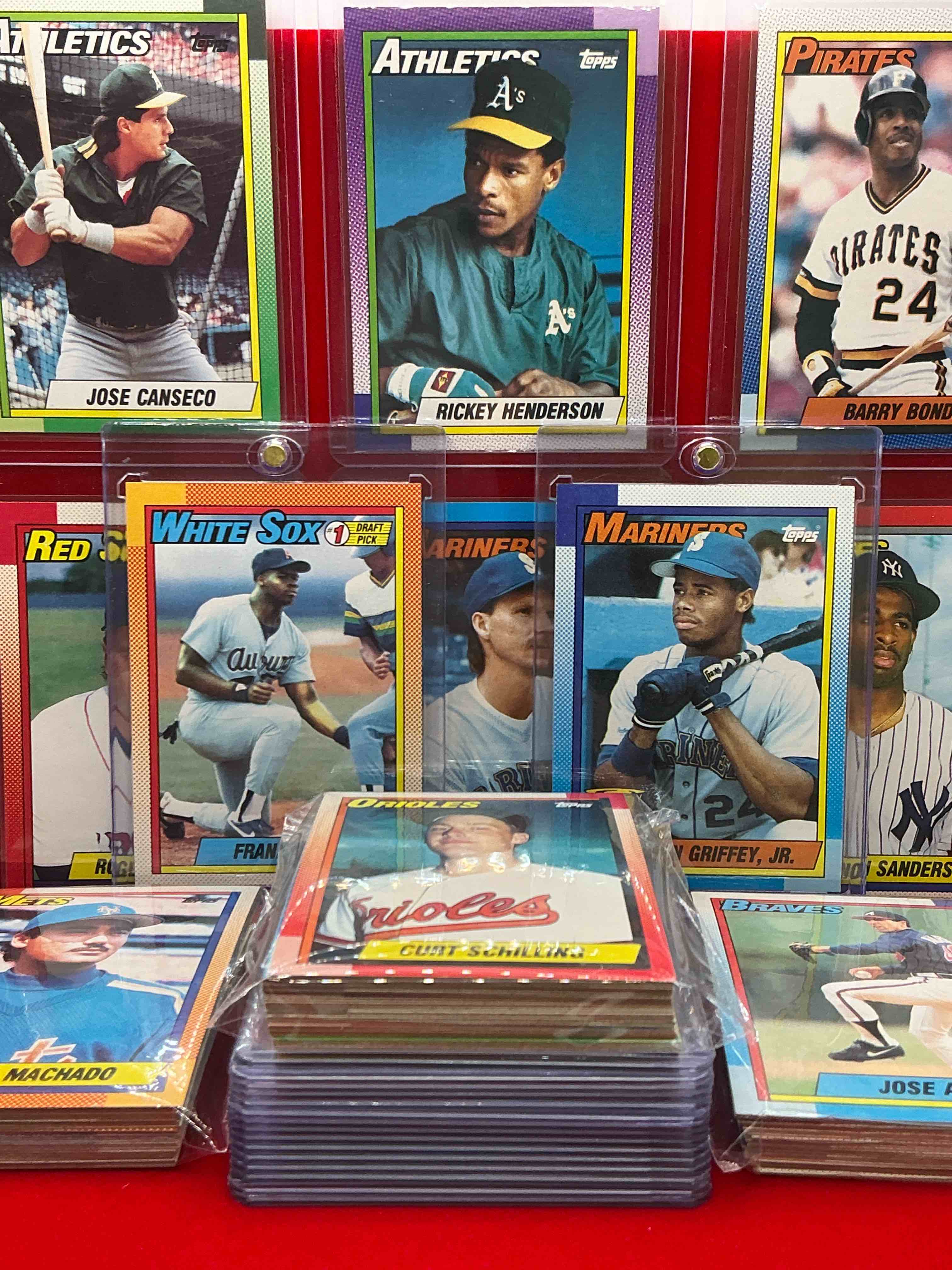 ken griffey jr. & frank thomas rookie! 1990 topps baseball 100 card craziness! bo jackson, randy johnson, barry bonds, john smoltz, rickey henderson, don mattingly, cal ripken, wade boggs, bobby bonilla, fernando valenzuela, darryl strawberry, greg maddux, roger clemens & more! the best players from the time! super rare set with all of these stars! 100 card craziness! legends, heroes & commons!