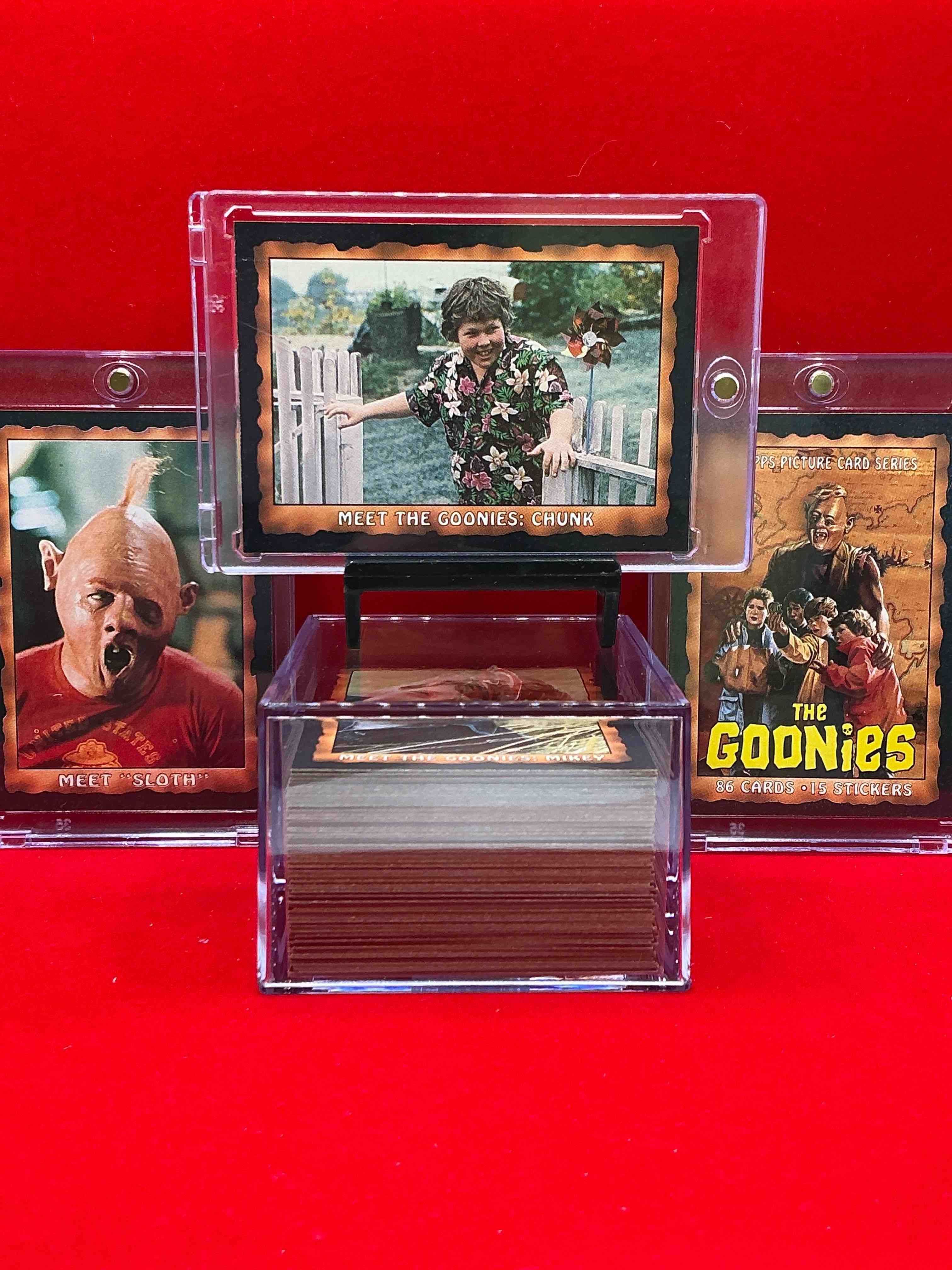 1985 goonies wow! complete, original & authentic “goonies” movie trading card collection, all 86 cards included! excellent condition! this is a serious pop culture collectible, ultra rare complete & in this great condition! your chance to own a little “piece of the 80’s” & have some collectible fun with chunk, sloth & the rest of the gang!
