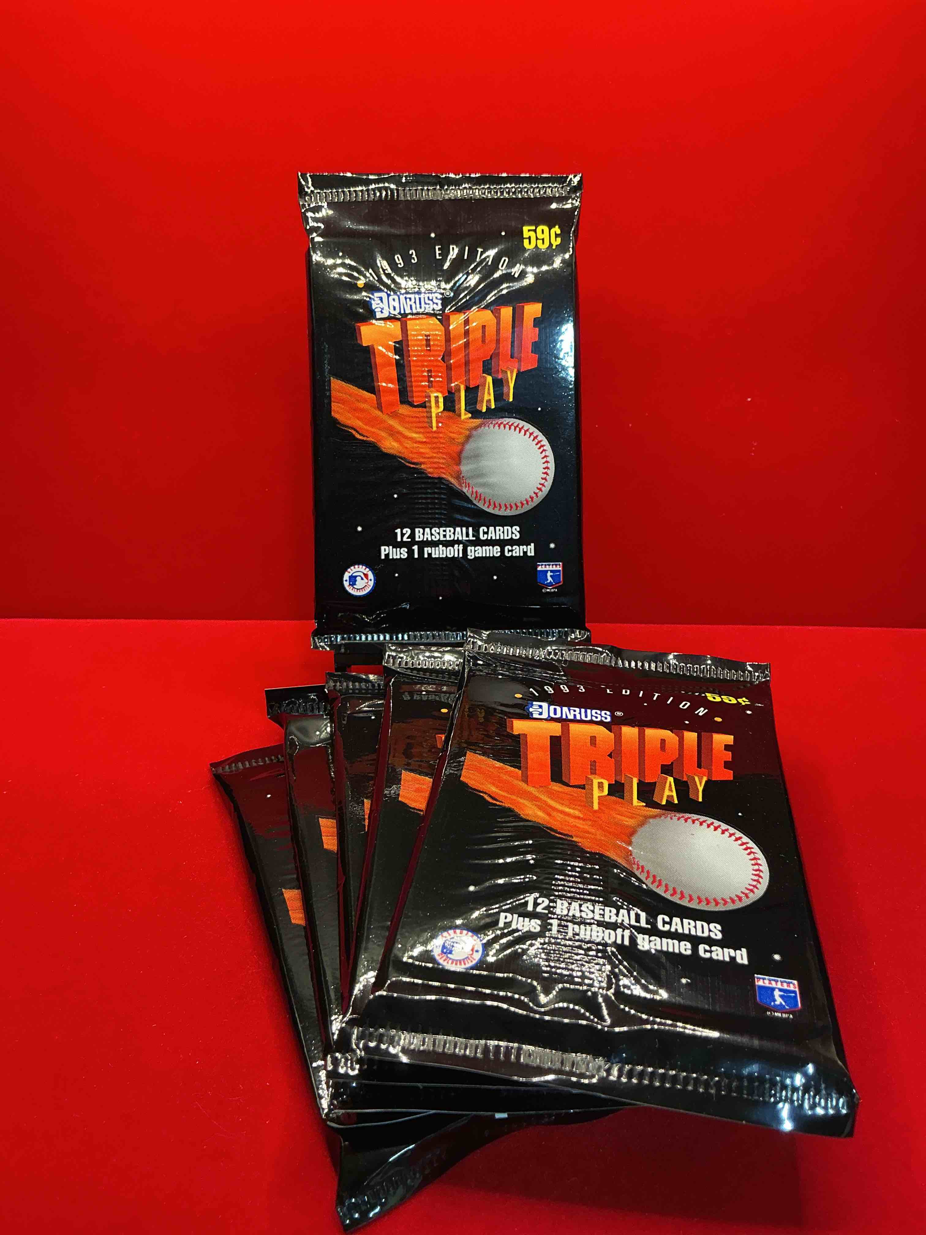 1993 donruss triple play mlb baseball 12card packs! look for 1 ruboff game cards along with griffey jr, mcgwire, ryan & more! rare packs!