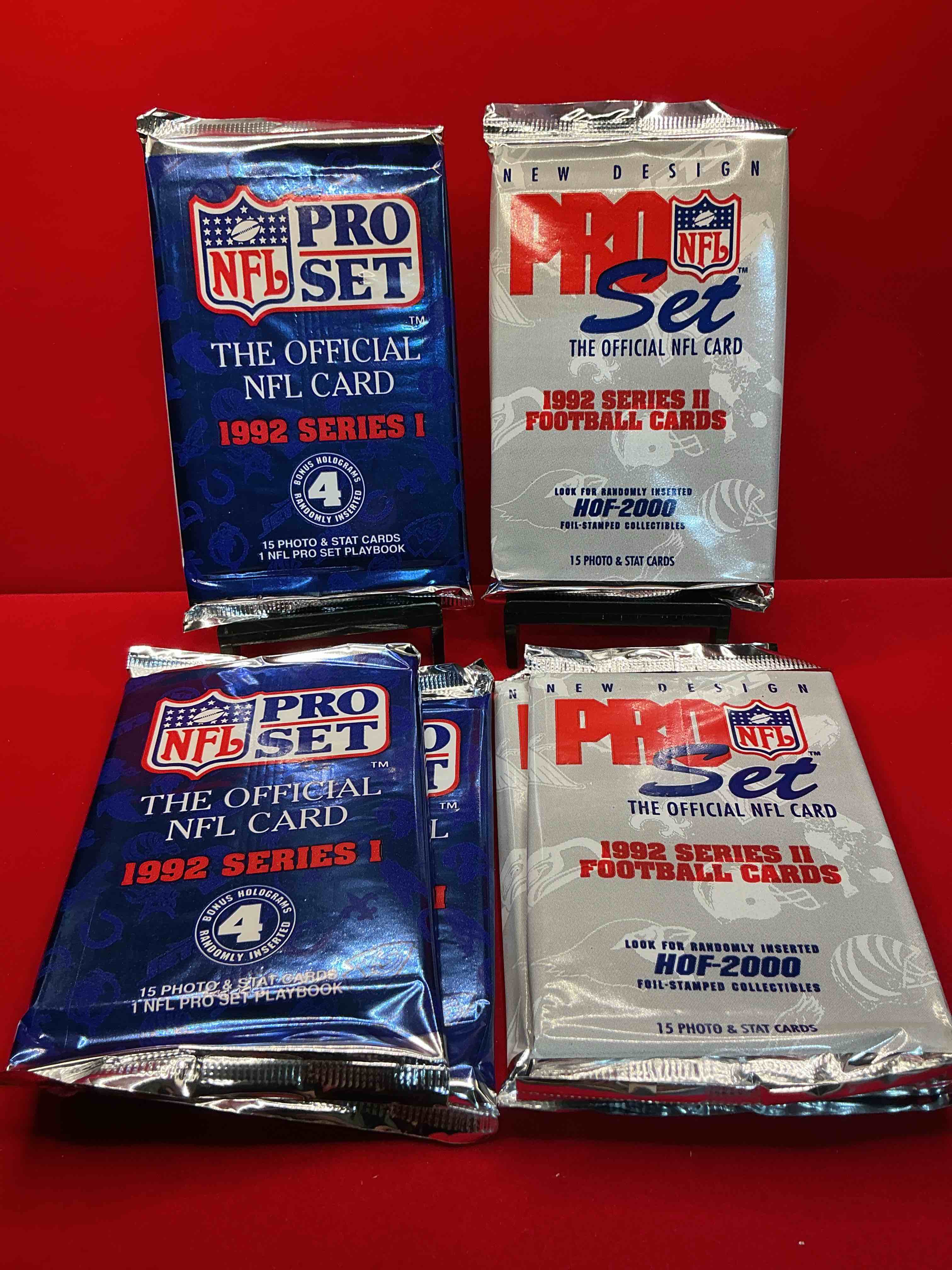 nfl pro set! wow! 1992 series i & ii football cards! possible rice, montana, elway, sanders, jackson & more! search for limited edition randomly inserted hof 2000 stamped collectibles!