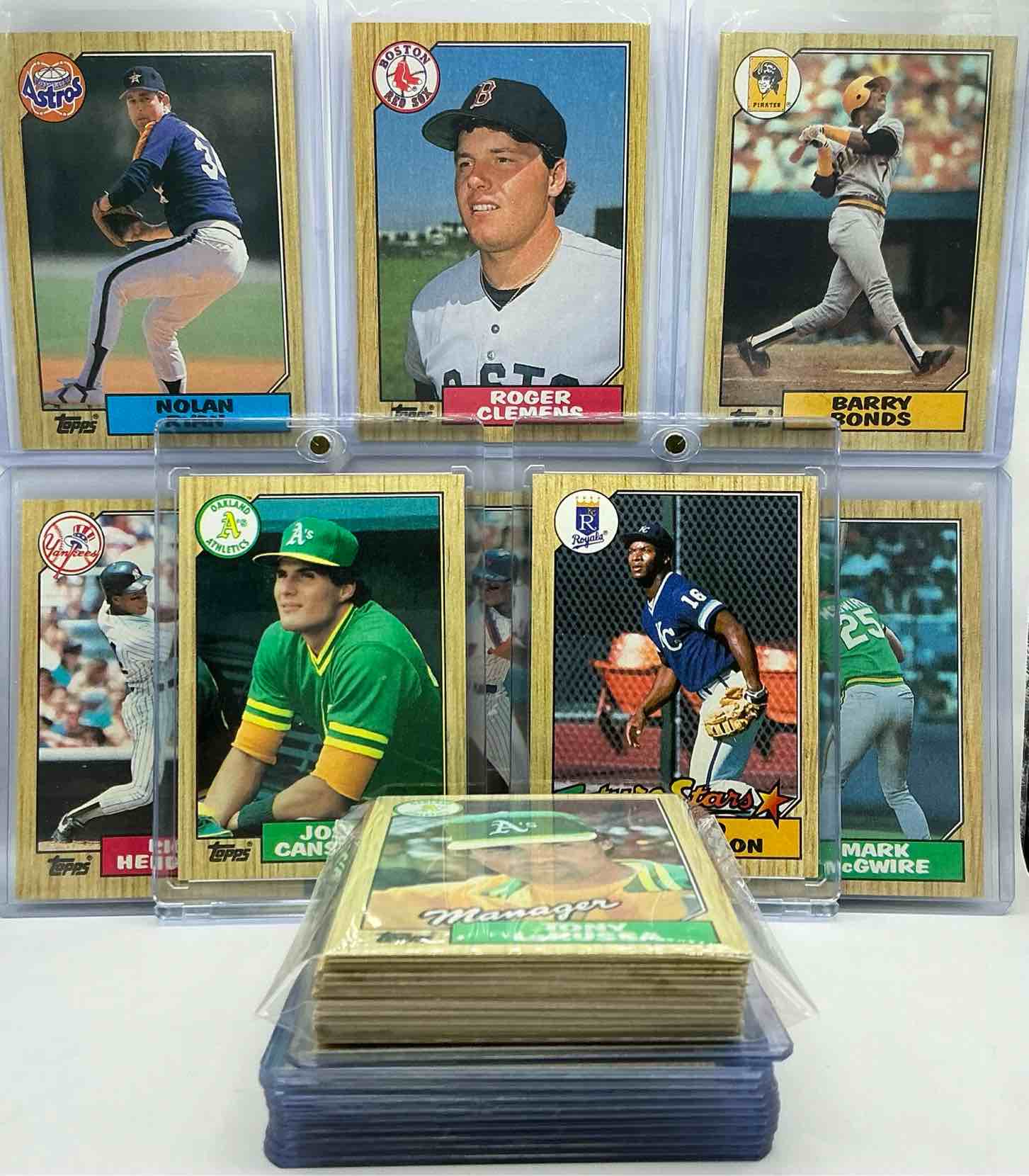 jose canseco & bo jackson rookies! 1987 topps baseball 50 card craziness! bo jackson, barry bonds, kirby puckett, tom glavine, rickey henderson, don mattingly, cal ripken, wade boggs, doc gooden, fernando valenzuela, nolan ryan, roger clemens, george brett, tony gwynn & more! the best players from the time! super rare set with all of these stars! 50 card craziness! legends, heroes & commons!