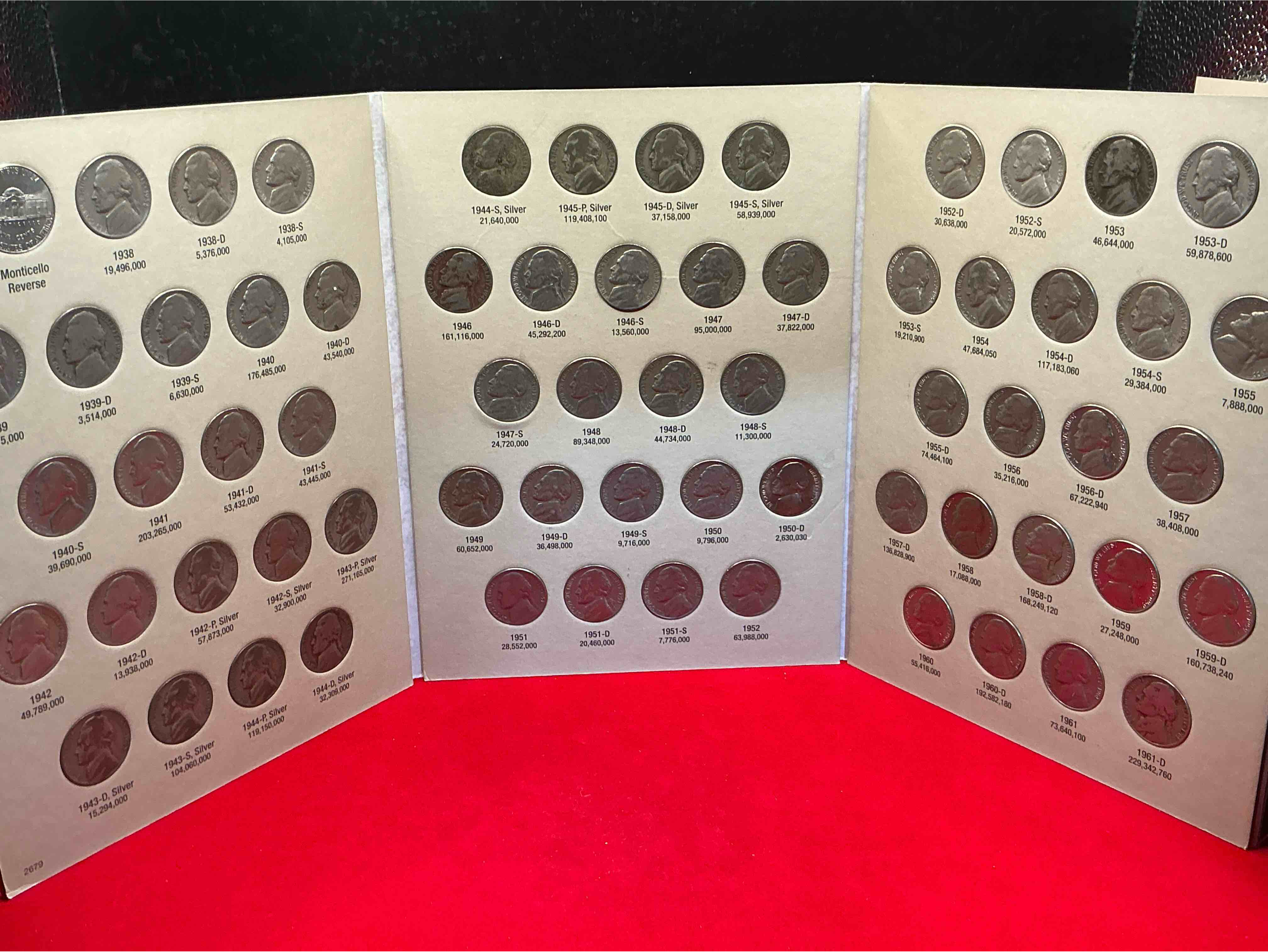 jefferson nickel collection, includes silver, wow! bid is per nickel, 66 total nickels! jefferson nickels were minted from 1938 to 1961, up for bid is one each of every nickel ever produced! collection includes eleven world war 2 era partial silver nickels & ultra rare 1950d nickel! includes holding case for all 66 nickels! bid is per each nickel. this collection nearly impossible to collect!