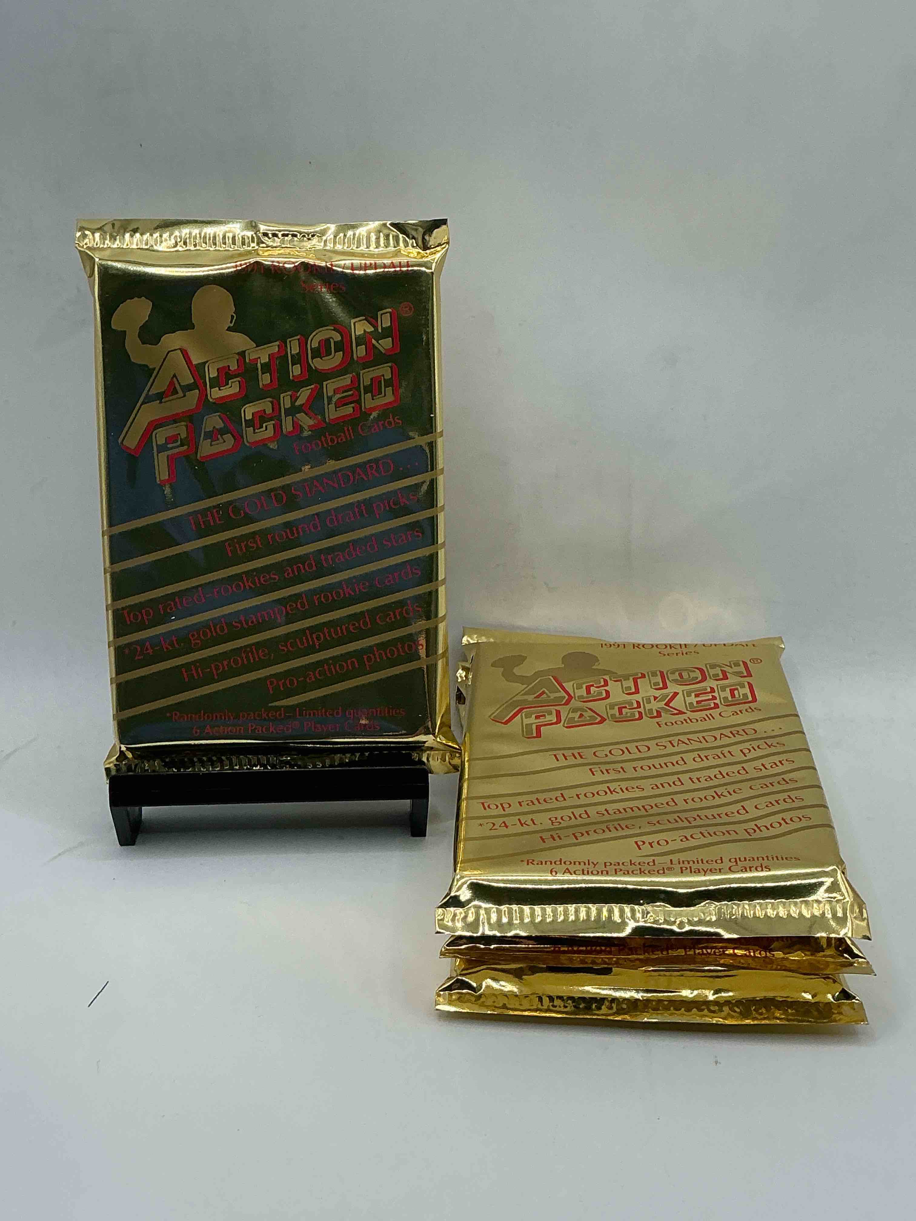 1991 nfl action packed! guaranteed star card inside! possible 24k gold leaf cards! awesome nfl packs! search for stars, michael irvin, jerry rice, joe montana, bo jackson, barry sanders & more!