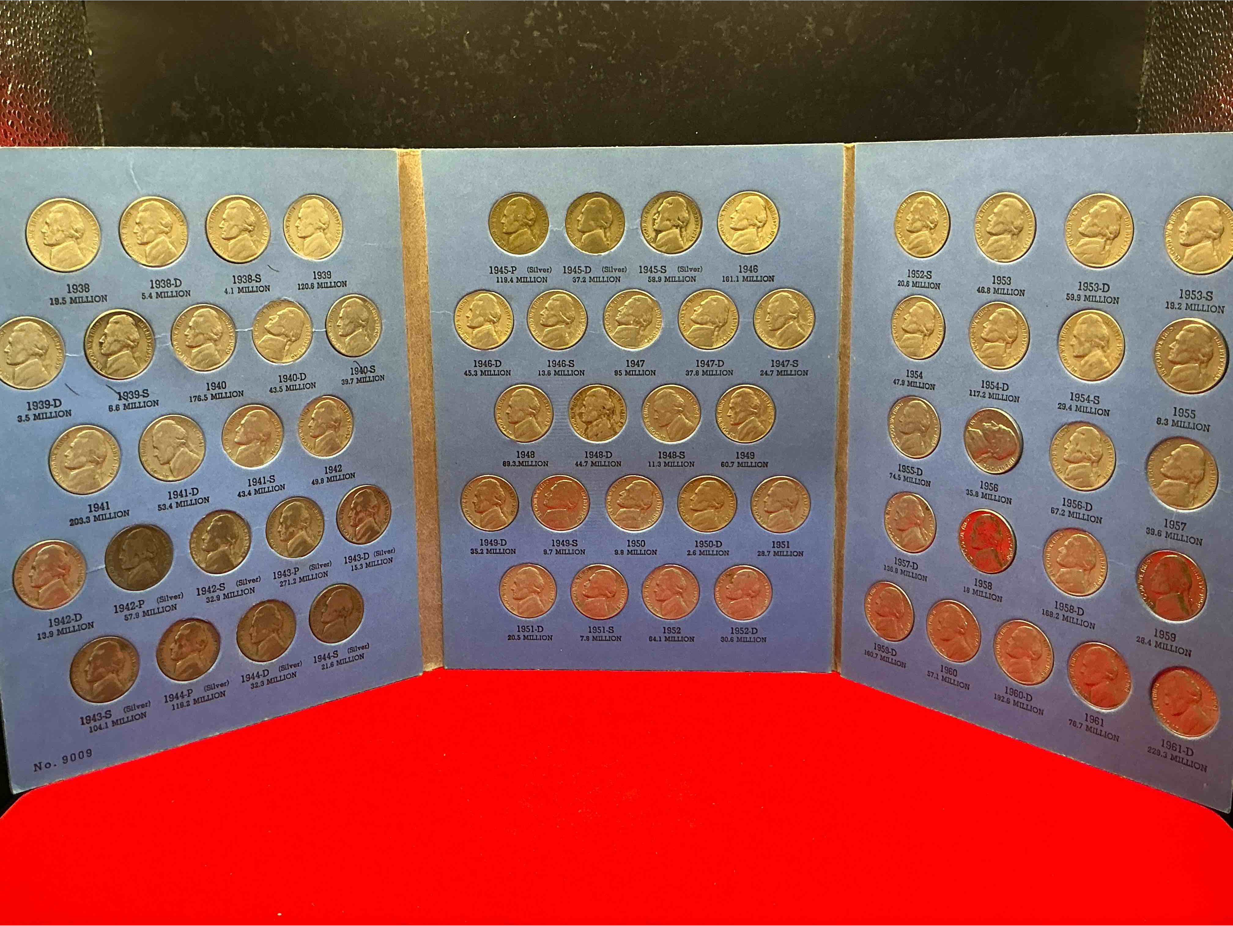 jefferson nickel collection, includes silver! wow! bid is per nickel, 66 total nickels! jefferson nickels were minted from 1938 to 1961, up for bid is one each of every nickel ever produced! collection includes eleven world war 2 era partial silver nickels & ultra rare 1950d nickel! includes holding case for all 66 nickels! bid is per each nickel. this collection nearly impossible to collect!