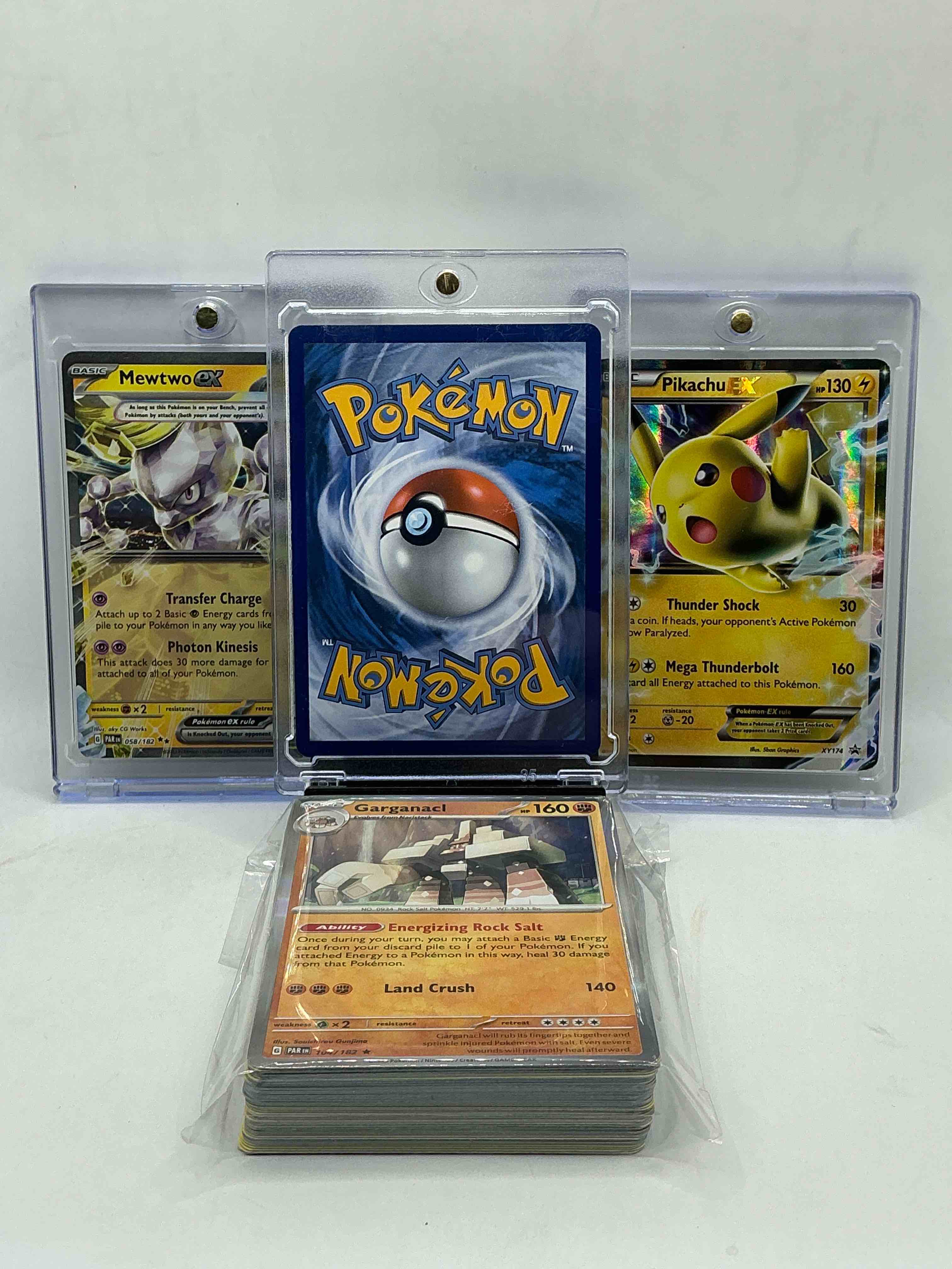 Condition photo showing New/Like New for mega charizard ex! mewtwo ex! pikachu ex! along with 50 other pokémon heroes, holos, legends & commons- including holographic cards, stage 2 cards, holos in all forms & more! also includes 36 non holo common/ uncommon basic & first stage cards trainers & energy too! perfect set for collectors & enthusiasts!