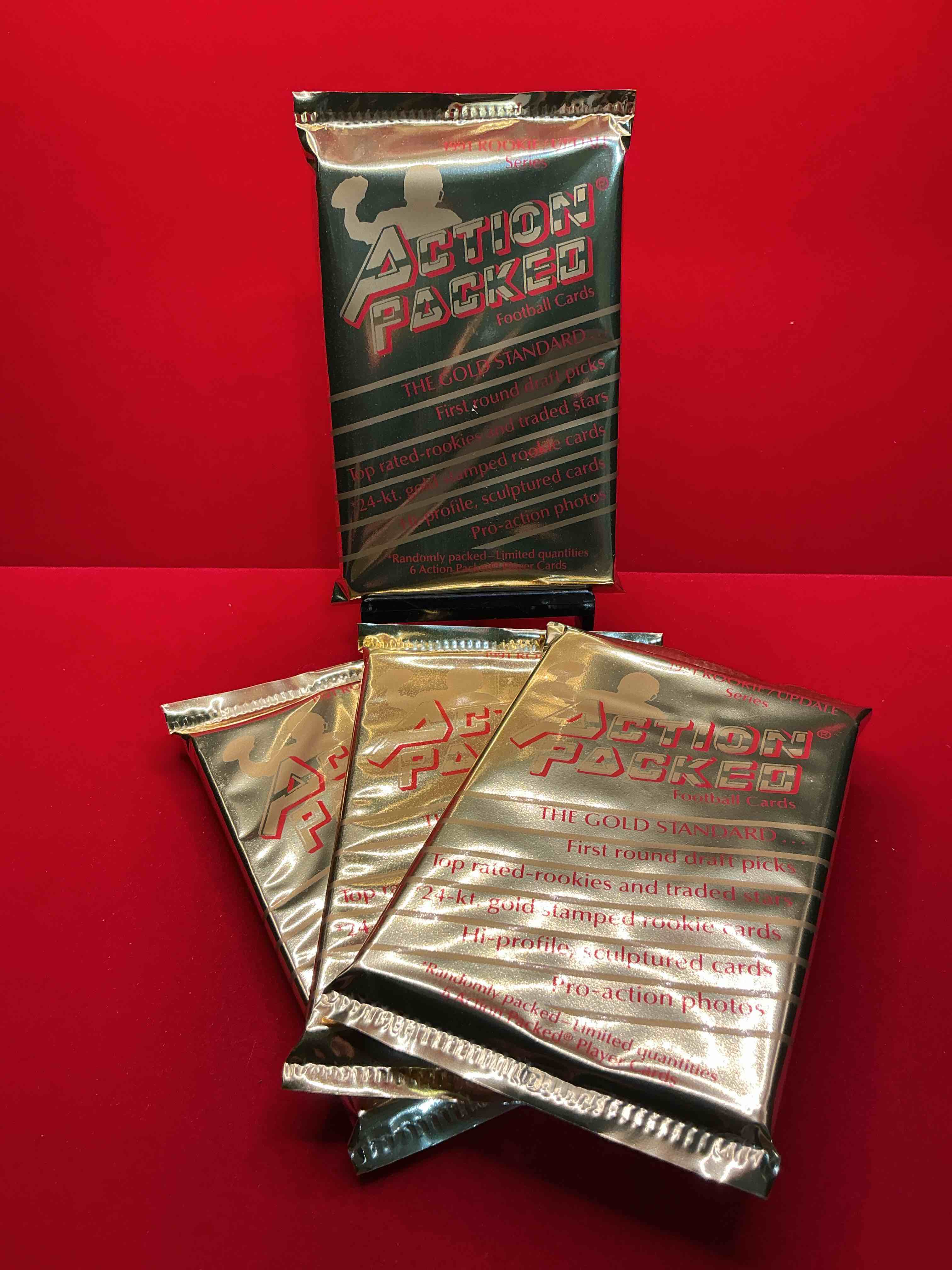 1991 nfl action packed! guaranteed star card inside! possible 24k gold leaf cards! awesome nfl packs! search for stars, michael irvin, jerry rice, joe montana, bo jackson, barry sanders & more!