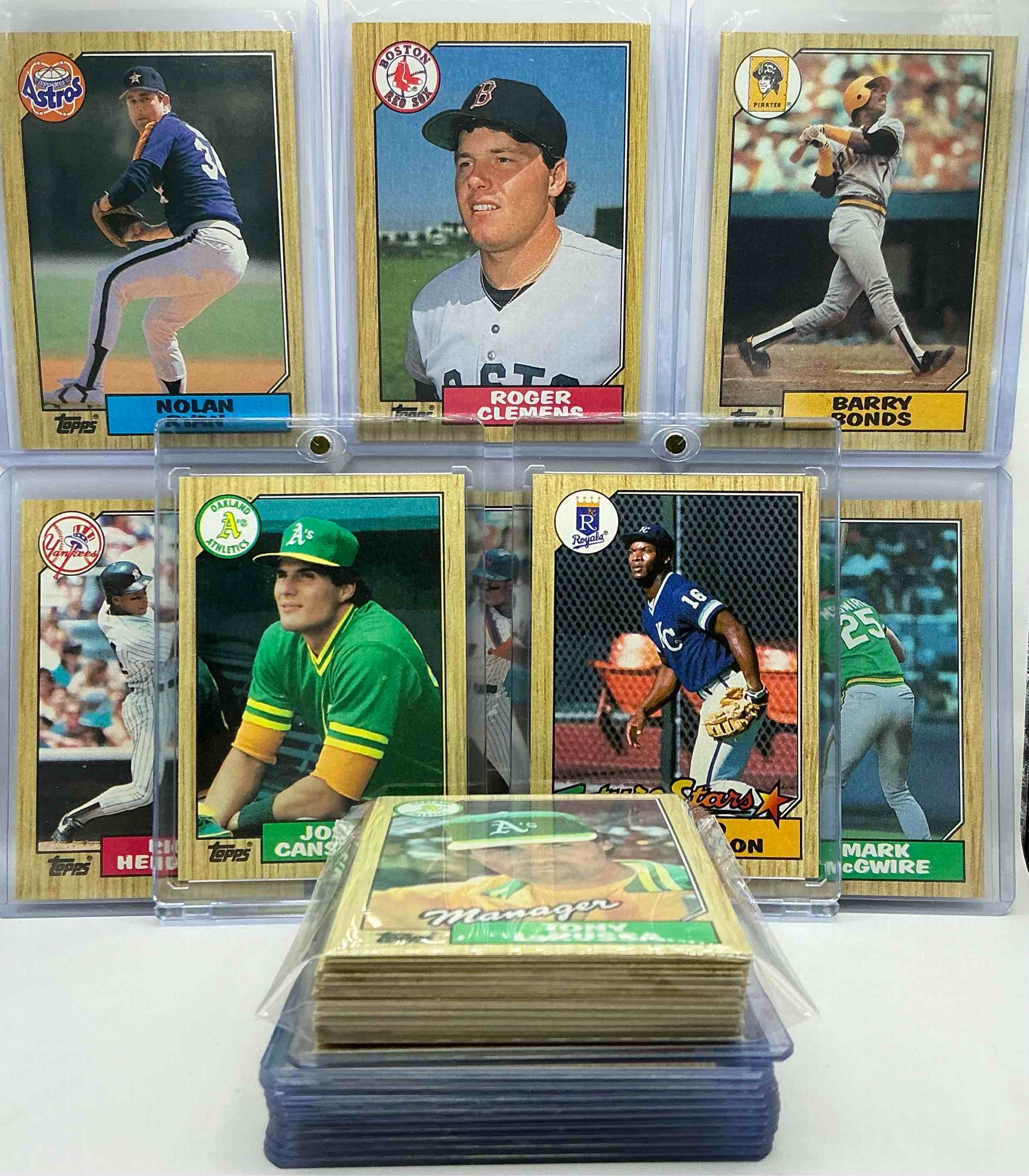 jose canseco & bo jackson rookies! 1987 topps baseball 50 card craziness! bo jackson, barry bonds, kirby puckett, tom glavine, rickey henderson, don mattingly, cal ripken, wade boggs, doc gooden, fernando valenzuela, nolan ryan, roger clemens, george brett, tony gwynn & more! the best players from the time! super rare set with all of these stars! 50 card craziness! legends, heroes & commons!