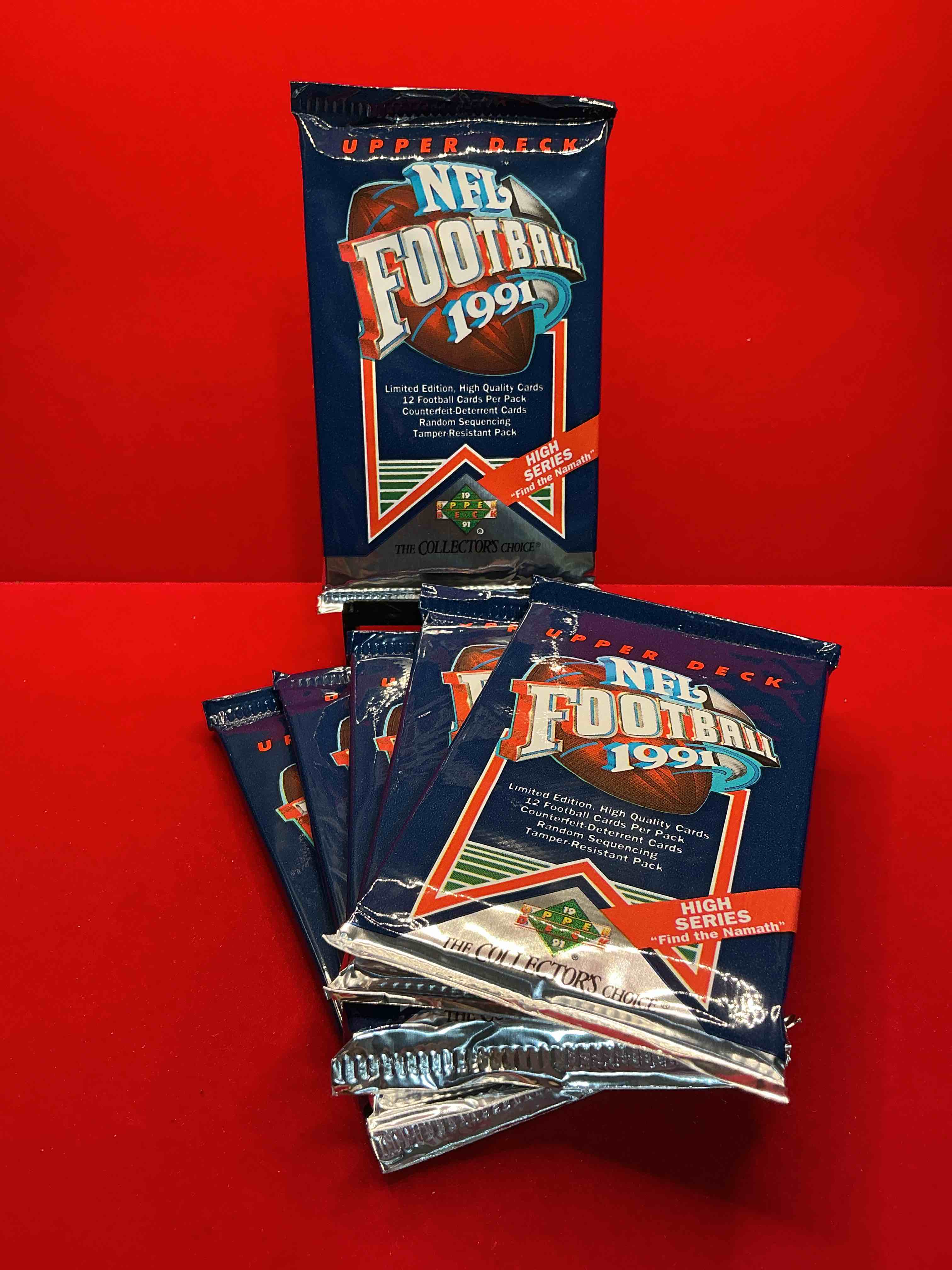 rare & vintage! 1991 upper deck high series edition unopened nfl football packs! find the namath! direct from original box! brett favre rookie year! search for brett favre rookie & other 80s stars!