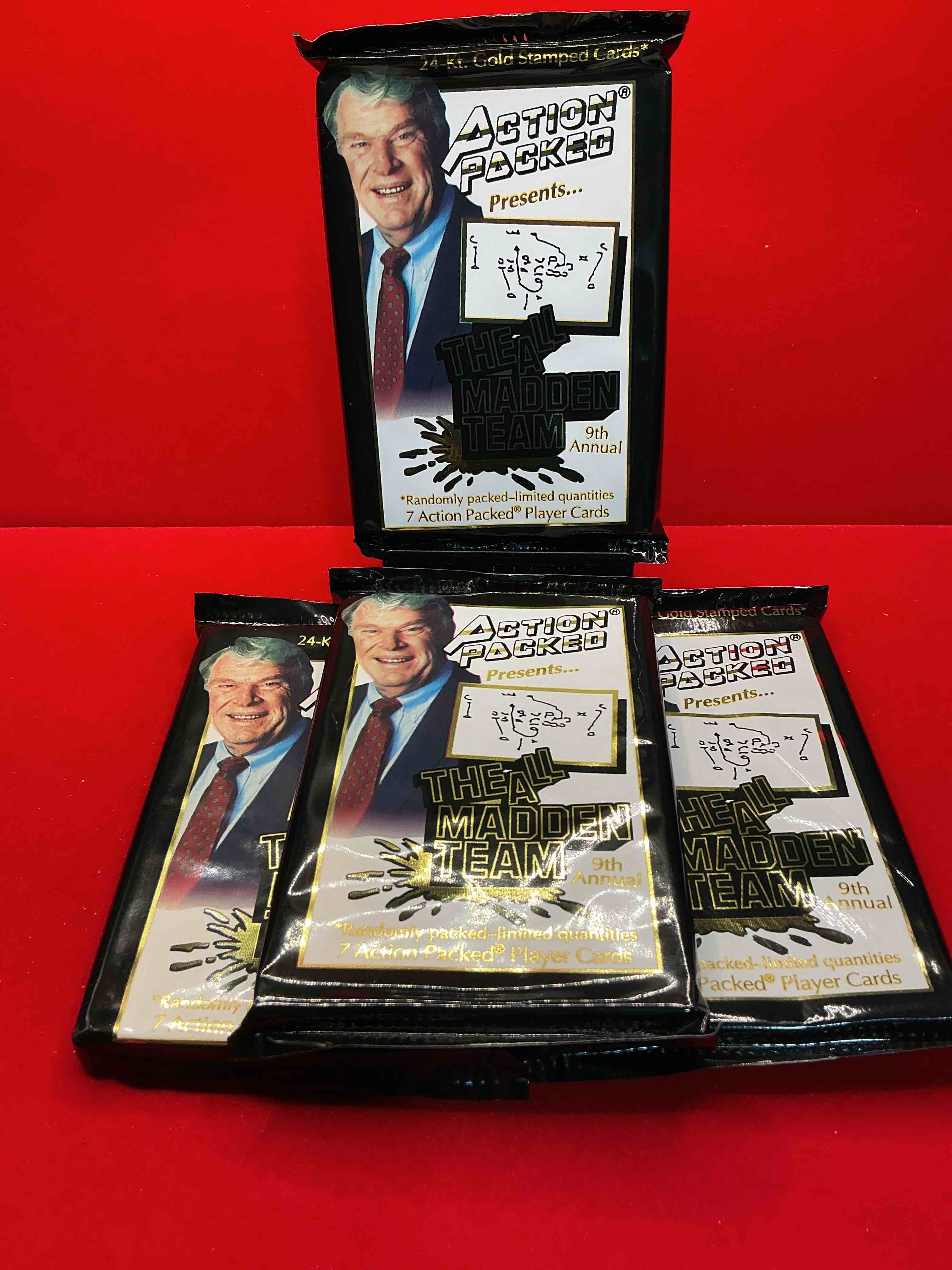 1993 nfl action packed! guaranteed star card inside! possible 24k gold leaf cards! awesome nfl packs! search for stars, michael irvin, jerry rice, joe montana, bo jackson, barry sanders & more!