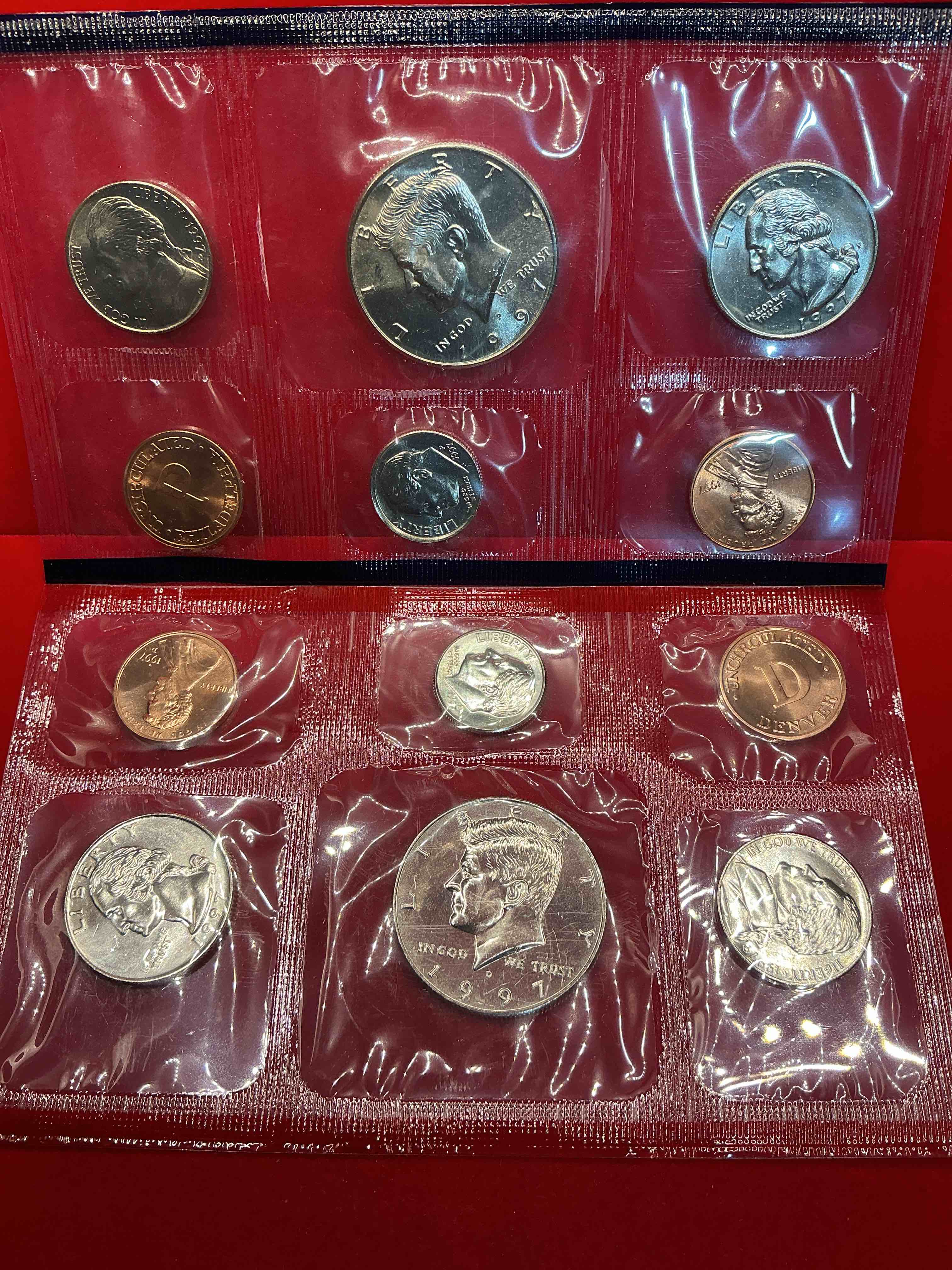 1997 uncirculated mint coins! 12 coin mint from philadelphia & denver! 12 coin uncirculated lot, with quarters, nickels, half dollars, dimes, pennies & more! uncirculated coin craziness!