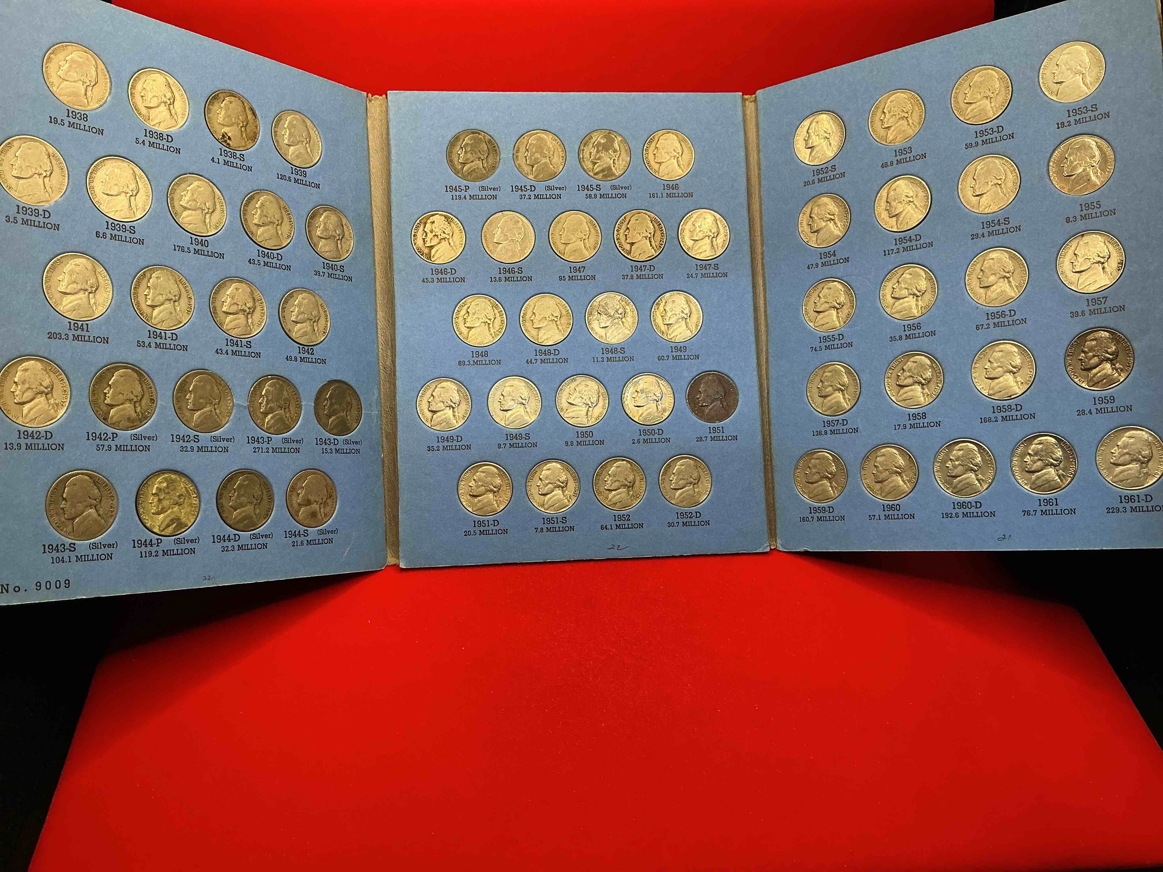 jefferson nickel collection, includes silver! wow! bid is per nickel, 66 total nickels! jefferson nickels were minted from 1938 to 1961, up for bid is one each of every nickel ever produced! collection includes eleven world war 2 era partial silver nickels & ultra rare 1950d nickel! includes holding case for all 66 nickels! bid is per each nickel. this collection nearly impossible to collect!