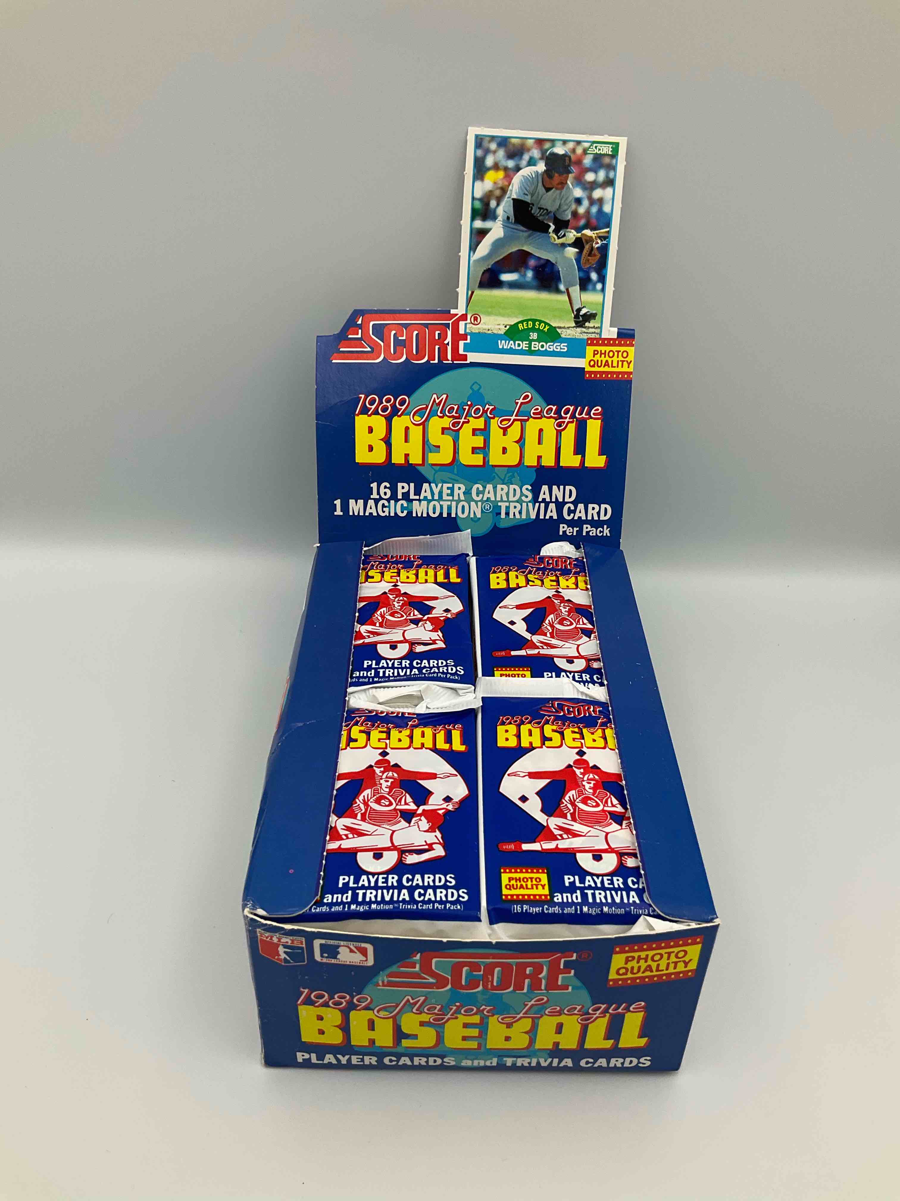 Condition photo showing New/Like New for 1989 score baseball sealed sports collectible card pack, direct from original retail case! search for valuable don mattingly #1 & so many cool nostalgic 80's players!