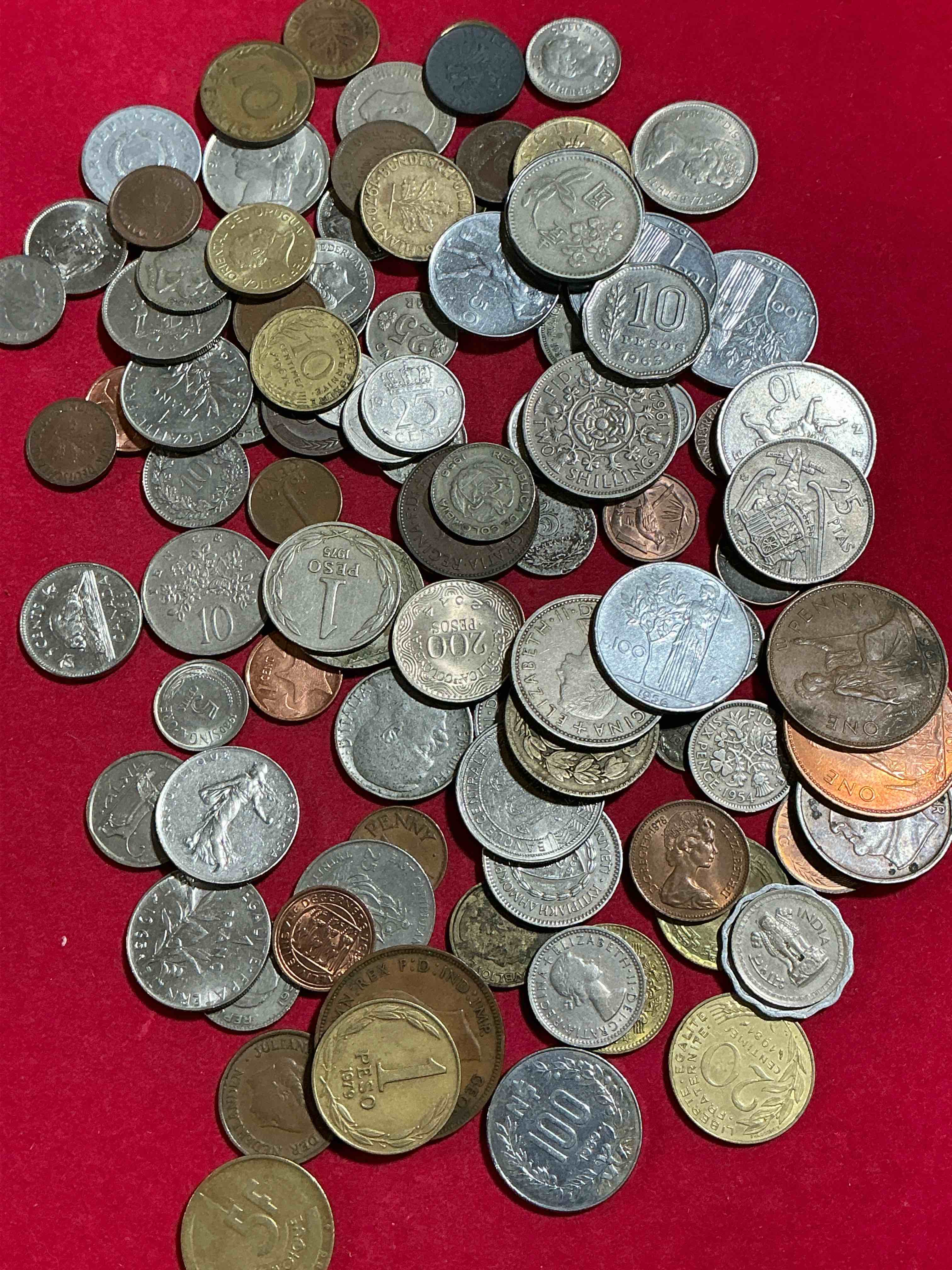 Condition photo showing Good Condition for world coins, antique & vintage! each lot is unique! many different years, countries, sizes & exotic places. this cool collection of antique coins from around the world is loads of fun! have fun identifying each coin & country as a great educational tool! a great investment too!