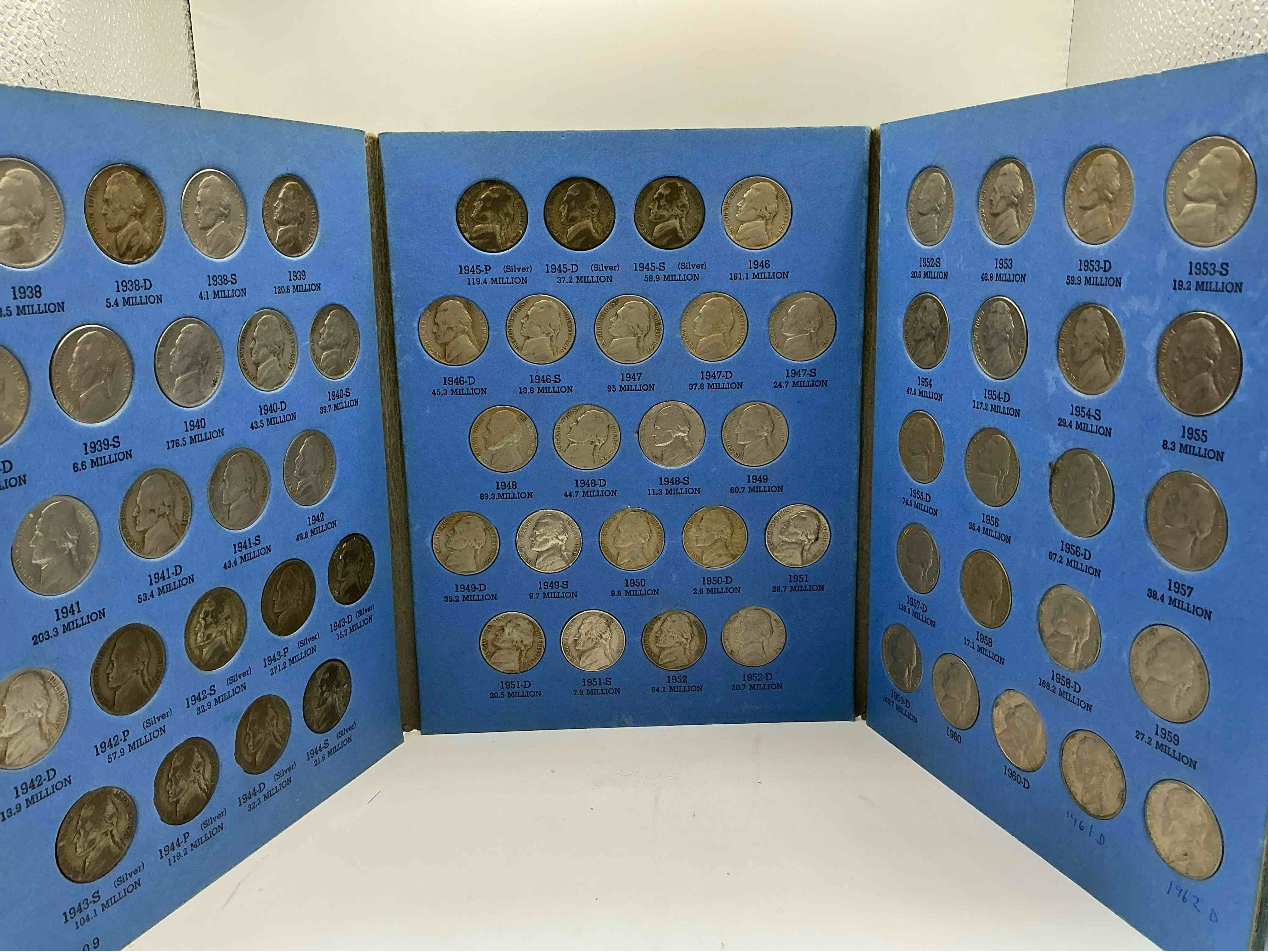 jefferson nickel collection, includes silver! wow! bid is per nickel, 66 total nickels! jefferson nickels were minted from 1938 to 1961, up for bid is one each of every nickel ever produced! collection includes eleven world war 2 era partial silver nickels & ultra rare 1950d nickel! includes holding case for all 66 nickels! bid is per each nickel. this collection nearly impossible to collect!