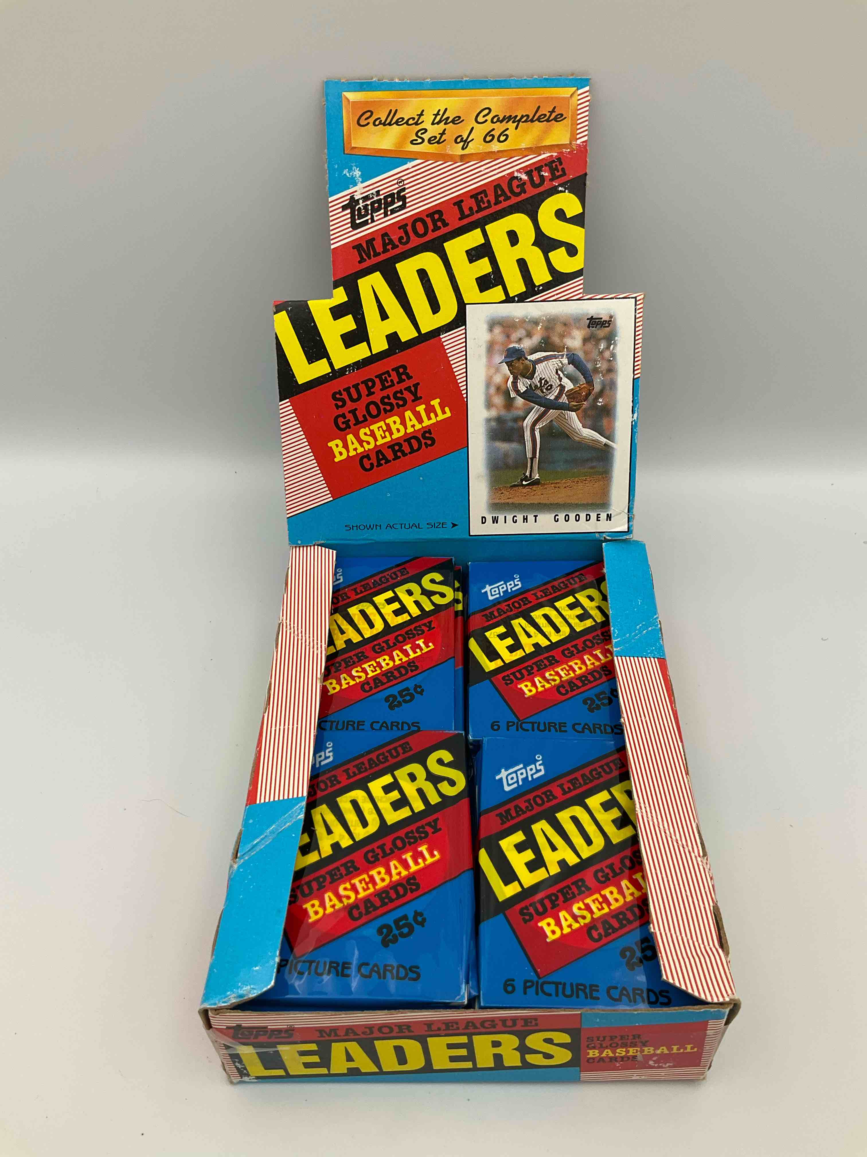 Condition photo showing New/Like New for ultra rare! 1986 "mlb leaders" unopened miniature baseball collectible card packs, 6 cards per pack, direct from original retail case. super rare, impossible to find! like new condition!