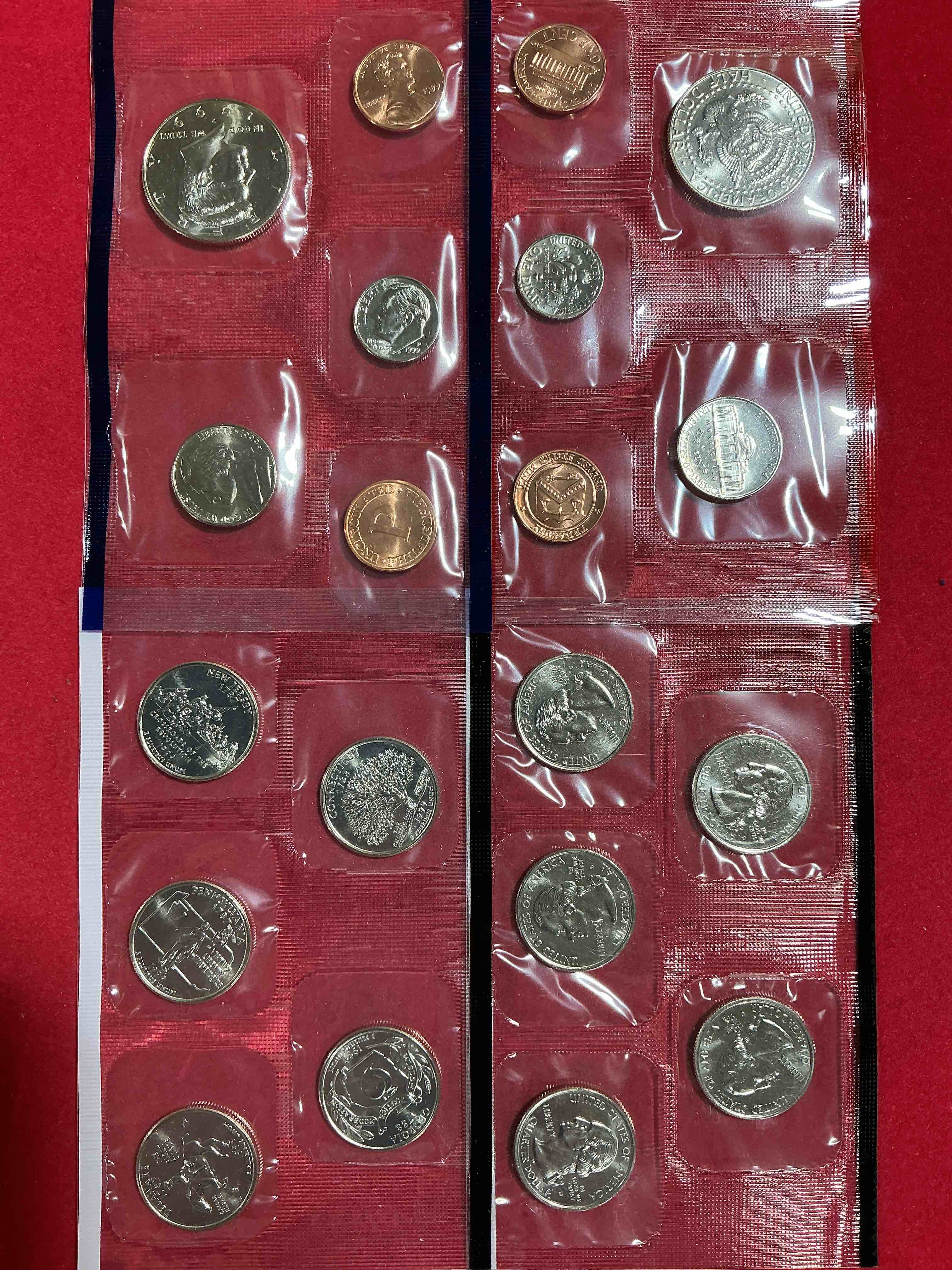 1999 uncirculated mint set coins! 20 coin mint set from philadelphia & denver! 20 coin uncirculated lot, with quarters, nickels, half dollars, dimes, pennies & more! uncirculated coin craziness!