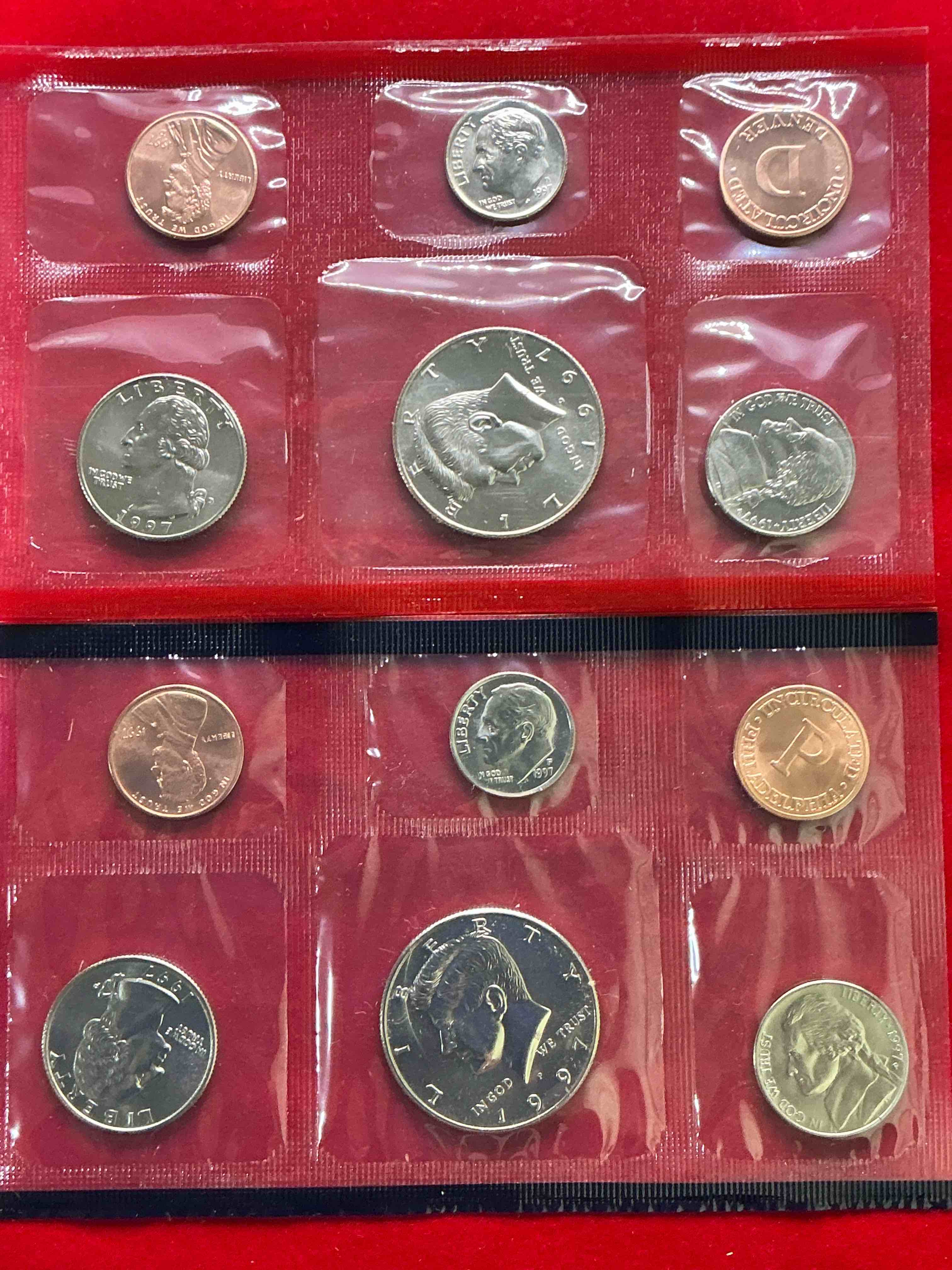 1997 uncirculated mint coins! 12 coin mint from philadelphia & denver! 12 coin uncirculated lot, with quarters, nickels, half dollars, dimes, pennies & more! uncirculated coin craziness!