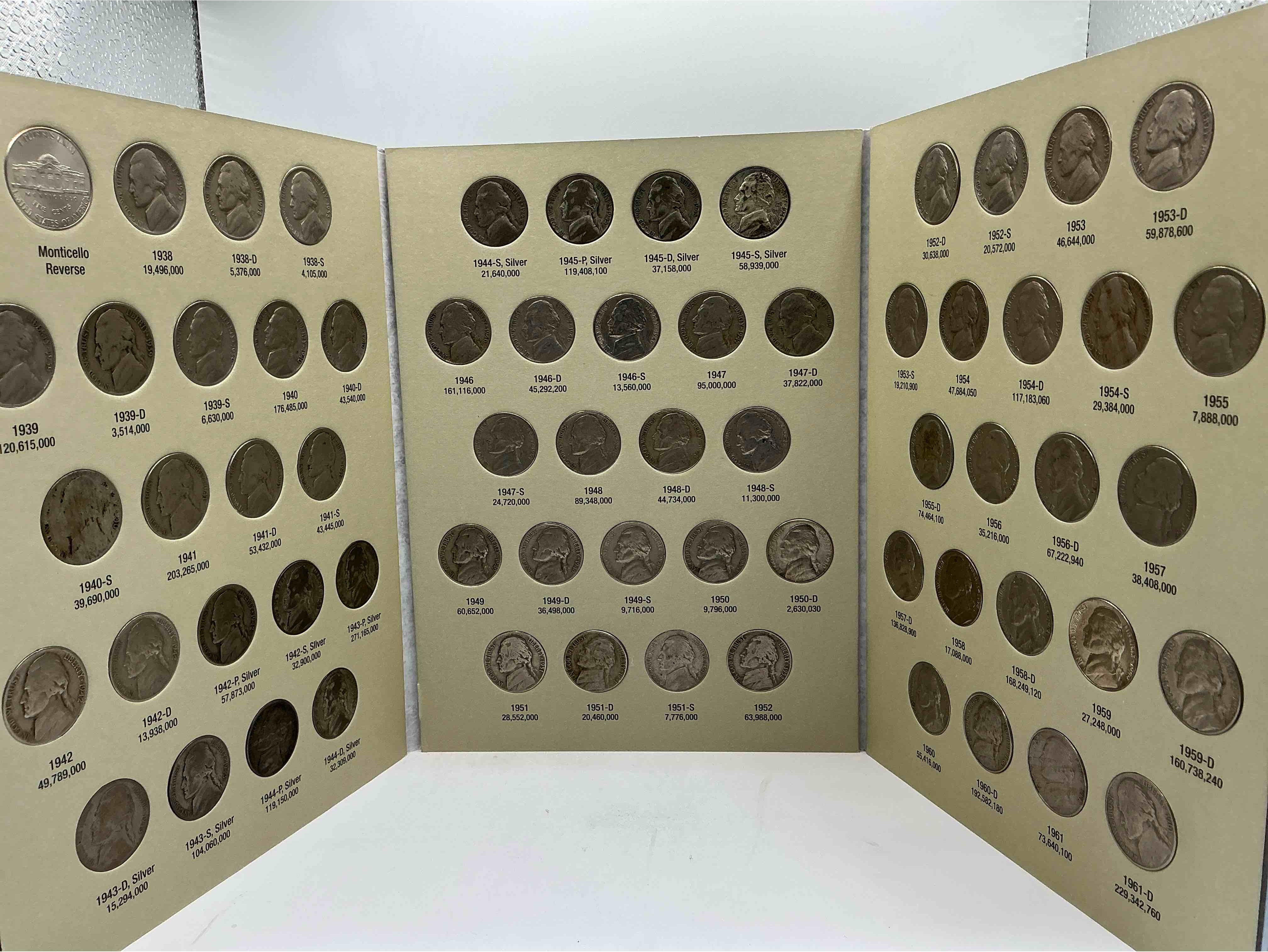 jefferson nickel collection, includes silver! wow! bid is per nickel, 66 total nickels! jefferson nickels were minted from 1938 to 1961, up for bid is one each of every nickel ever produced! collection includes eleven world war 2 era partial silver nickels & ultra rare 1950d nickel! includes holding case for all 66 nickels! bid is per each nickel. this collection nearly impossible to collect!