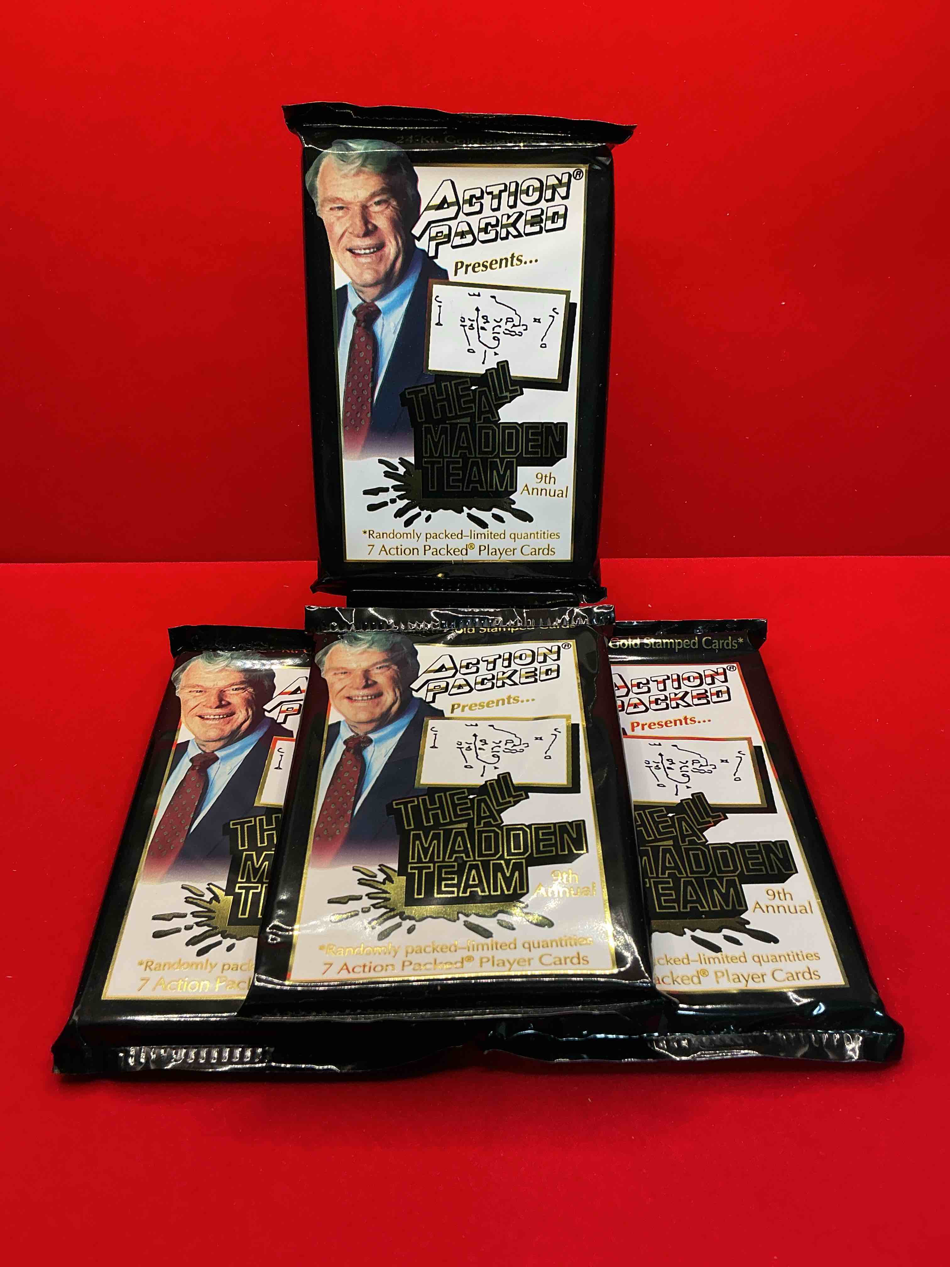 1993 nfl action packed! guaranteed star card inside! possible 24k gold leaf cards! awesome nfl packs! search for stars, michael irvin, jerry rice, joe montana, bo jackson, barry sanders & more!