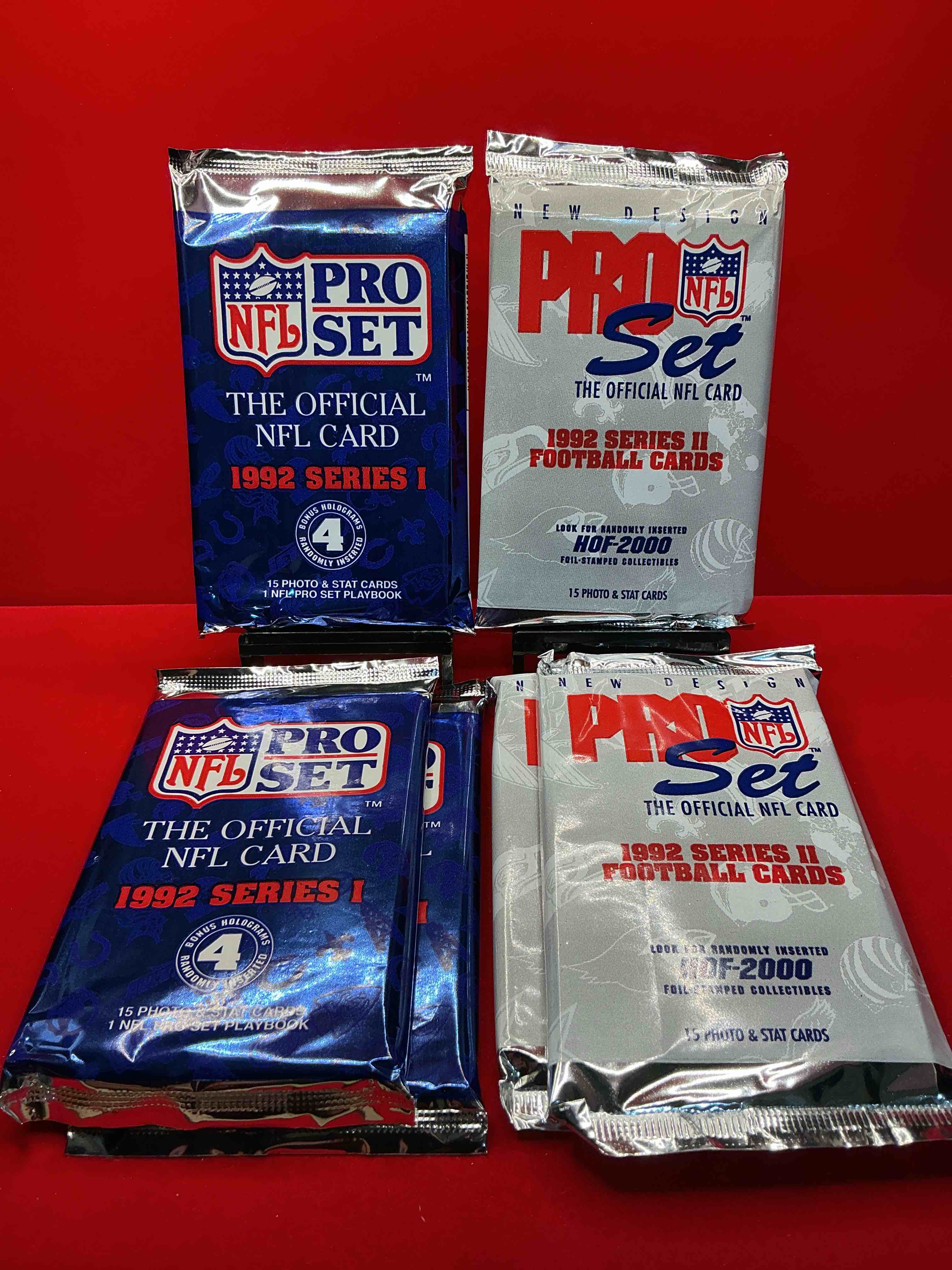 nfl pro set! wow! 1992 series i & ii football cards! possible rice, montana, elway, sanders, jackson & more! search for limited edition randomly inserted hof 2000 stamped collectibles!