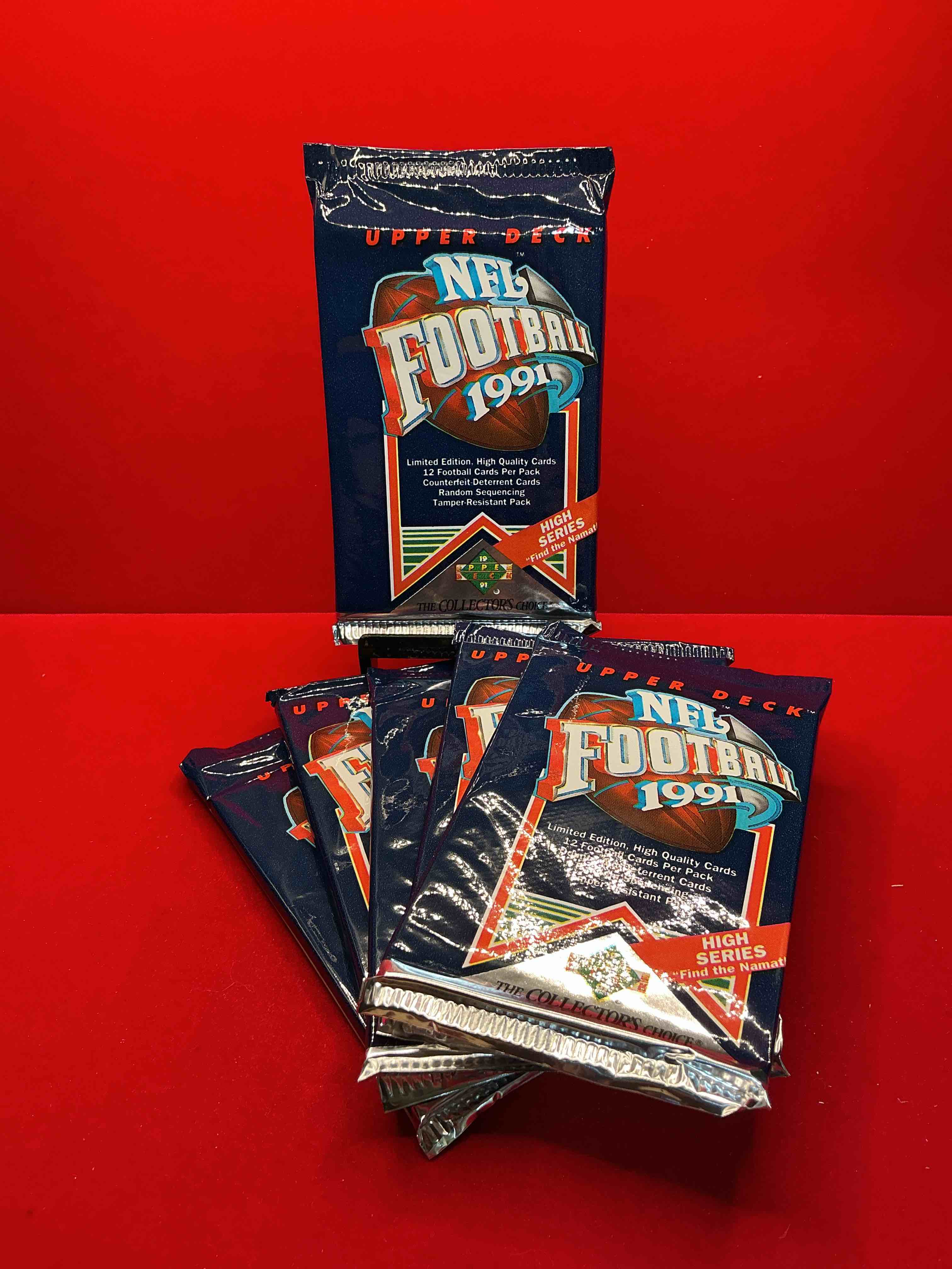 rare & vintage! 1991 upper deck high series edition unopened nfl football packs! find the namath! direct from original box! brett favre rookie year! search for brett favre rookie & other 80s stars!