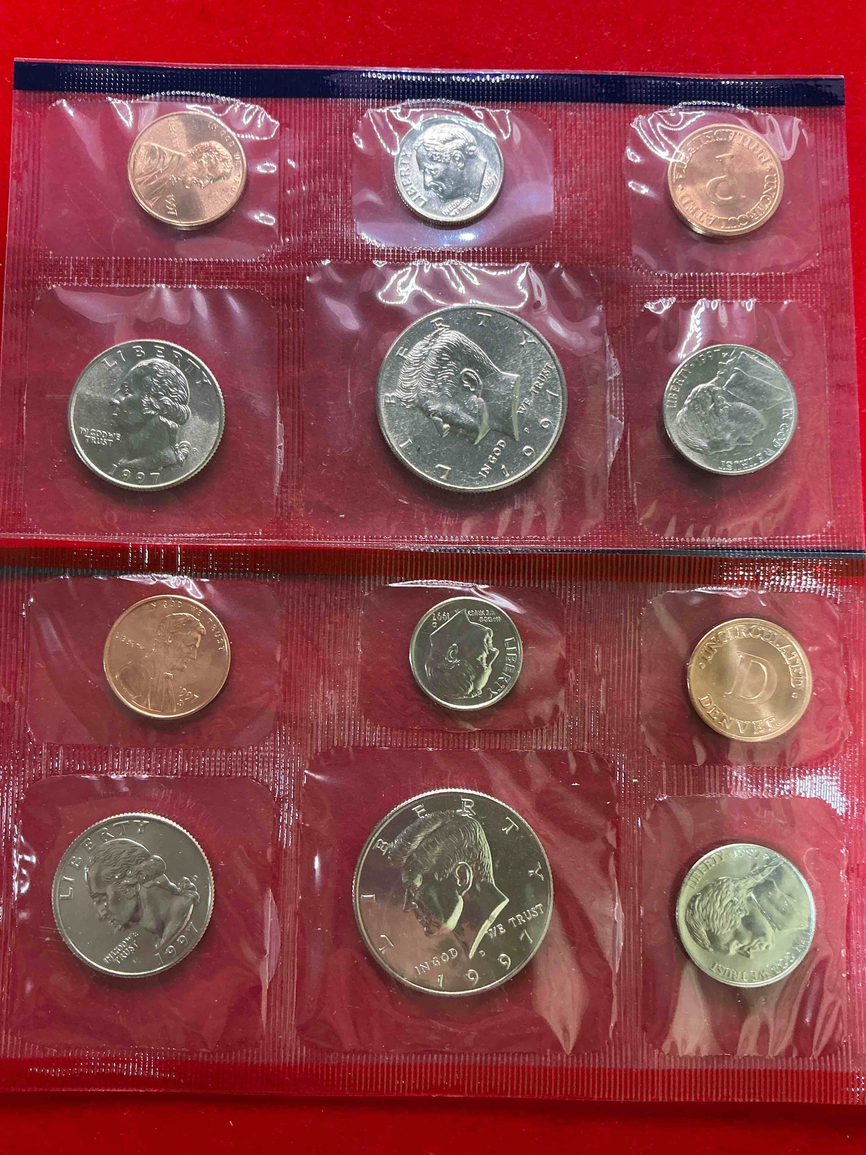 1997 uncirculated mint coins! 12 coin mint from philadelphia & denver! 12 coin uncirculated lot, with quarters, nickels, half dollars, dimes, pennies & more! uncirculated coin craziness!