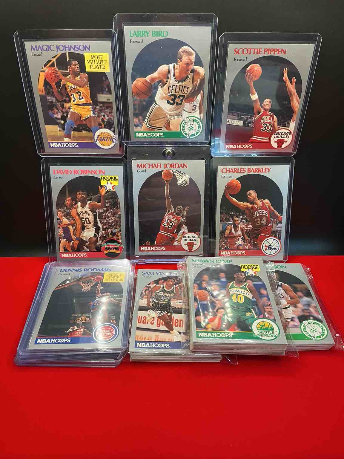 michael jordan! 1990 nba hoops 100 card basketball! the best cards from the year! michael jordan, magic johnson, larry bird, scottie pippen, david robinson, charles barkley, karl malone, clyde drexler & more! all stars, hall of famers, champions & more, the perfect mix of miscellaneous '90 nba variety!