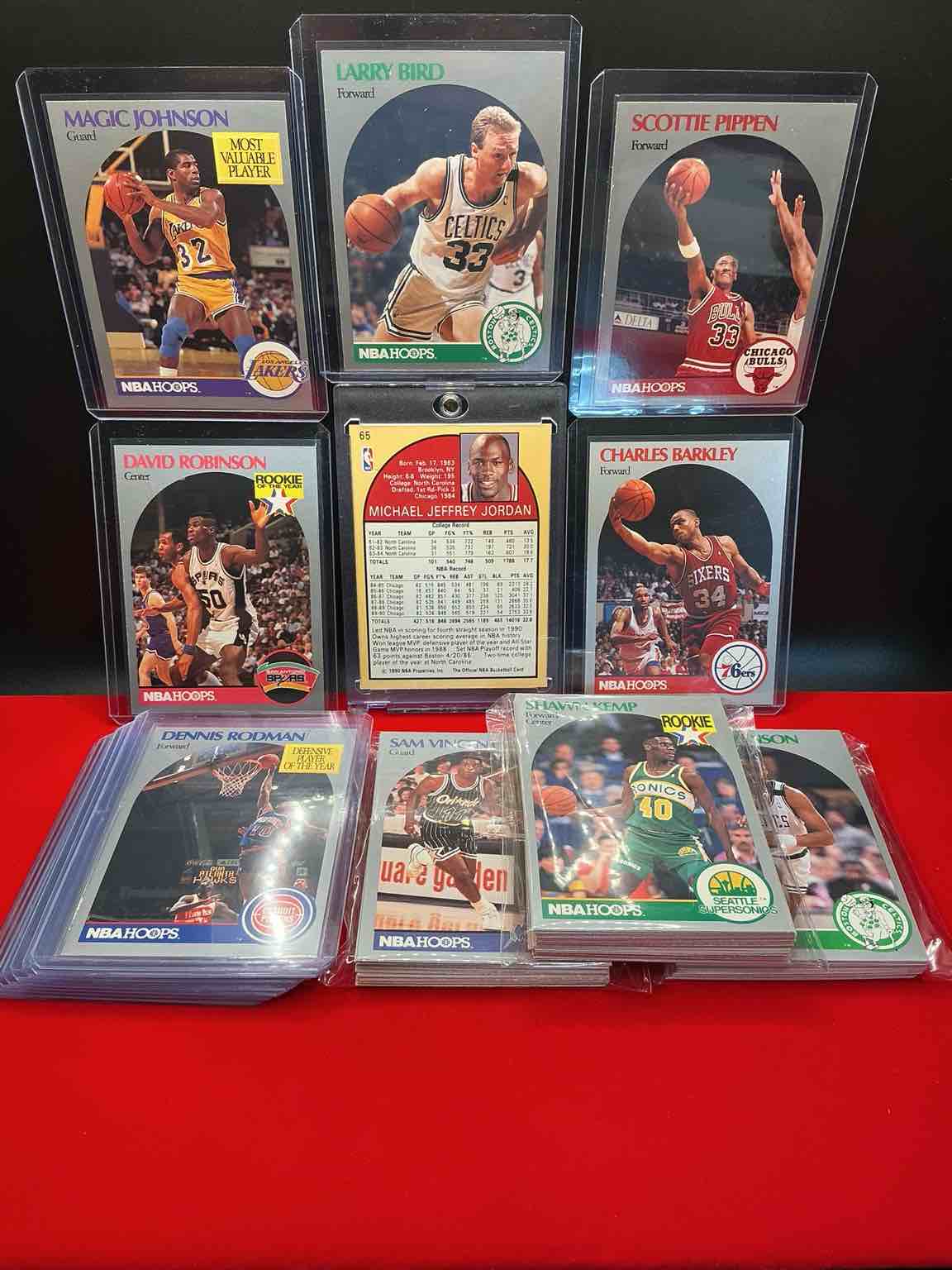 Condition photo showing New/Like New for (100 card set) michael jordan! 1990 nba hoops 100 card basketball! the best cards from the year! michael jordan, magic johnson, larry bird, scottie pippen, david robinson, charles barkley, karl malone, clyde drexler & more! all stars, hall of famers, champions & more, the perfect mix of miscellaneous '90 nba variety!