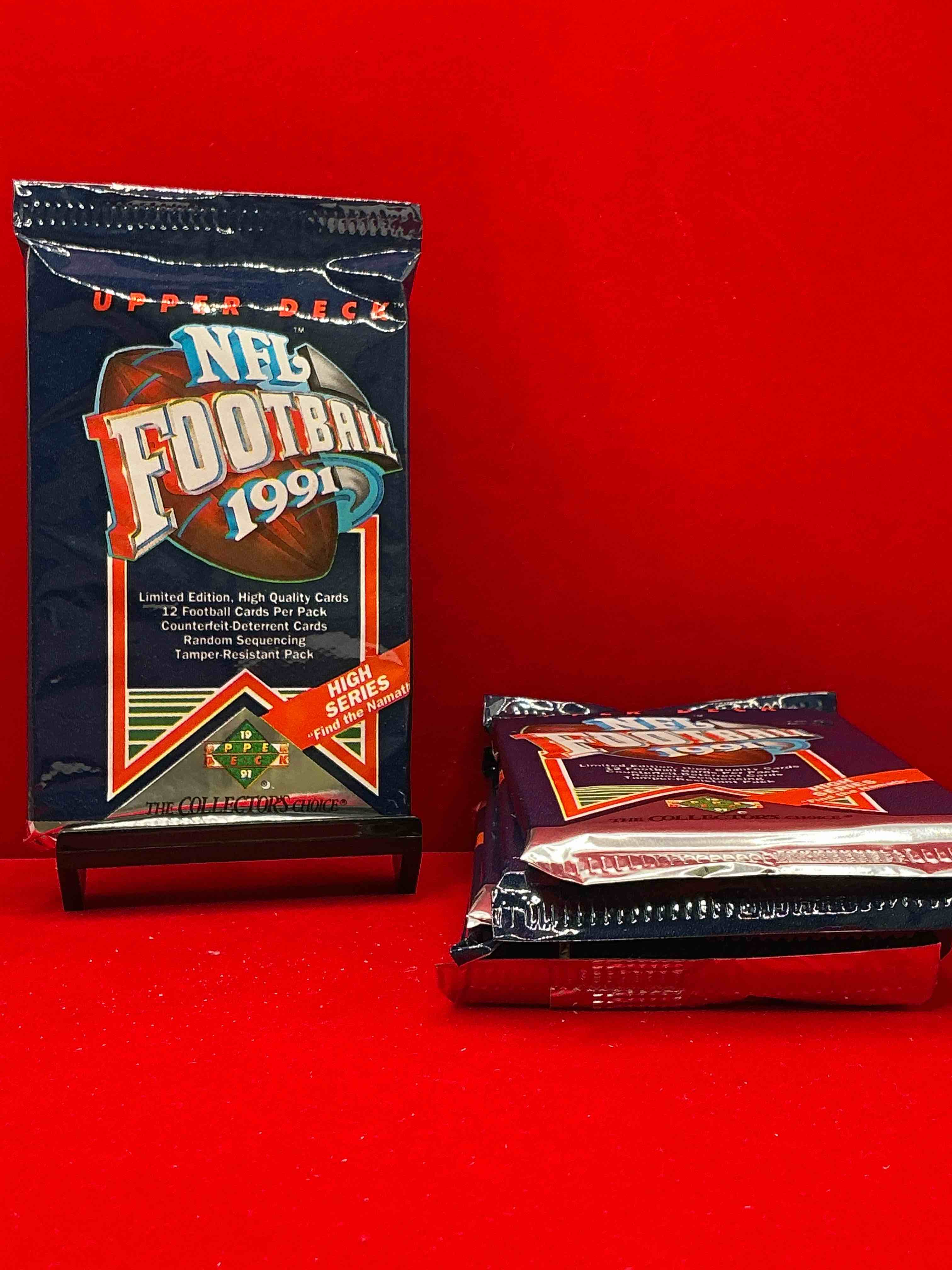 rare & vintage! 1991 upper deck high series edition unopened nfl football packs! find the namath! direct from original box! brett favre rookie year! search for brett favre rookie & other 80s stars!