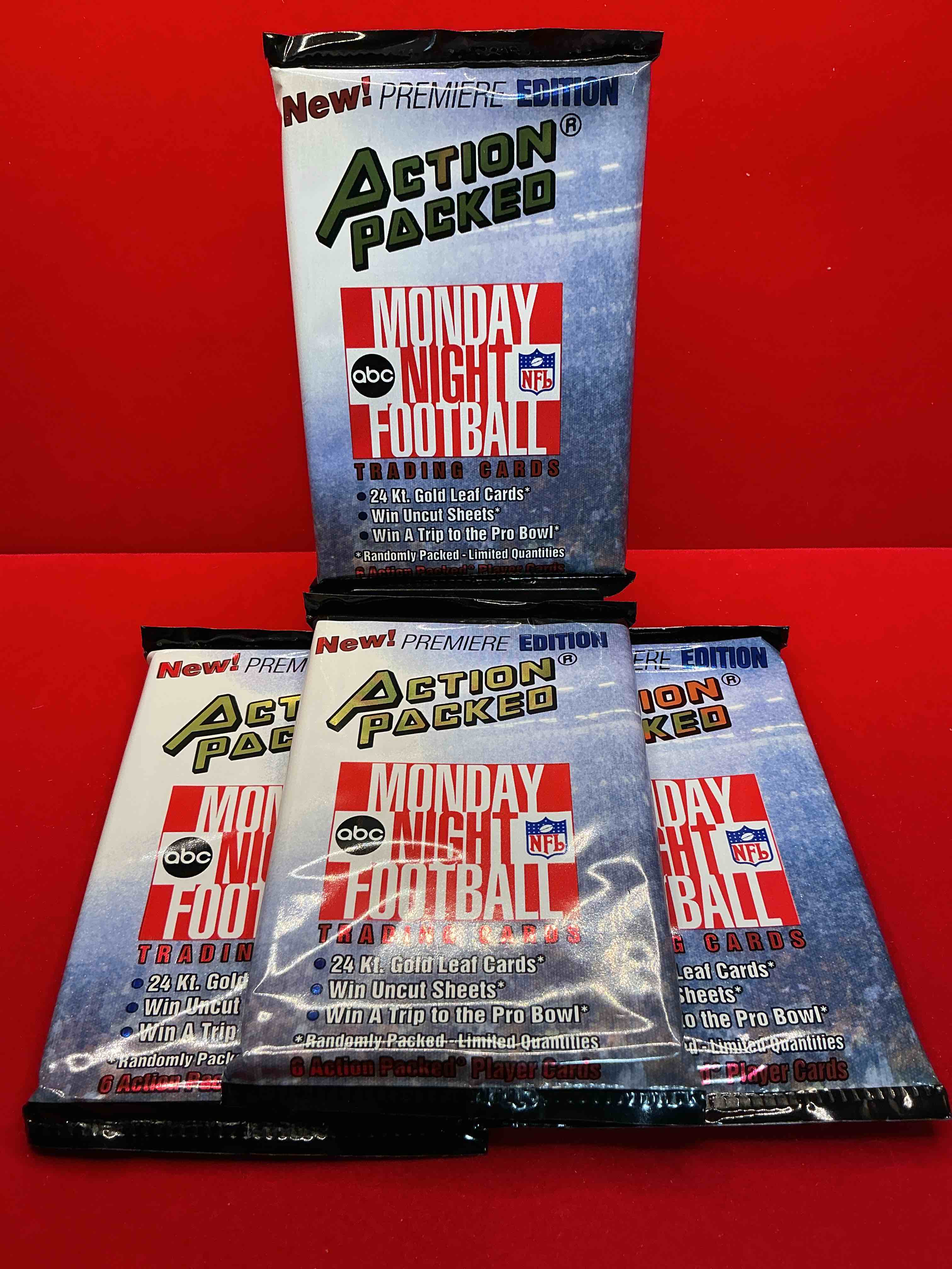 monday night football! rare edition! 1993 nfl action packed! guaranteed star card inside! possible 24k gold leaf cards! awesome nfl packs! search for stars, michael irvin, jerry rice, joe montana, bo jackson, barry sanders & more!