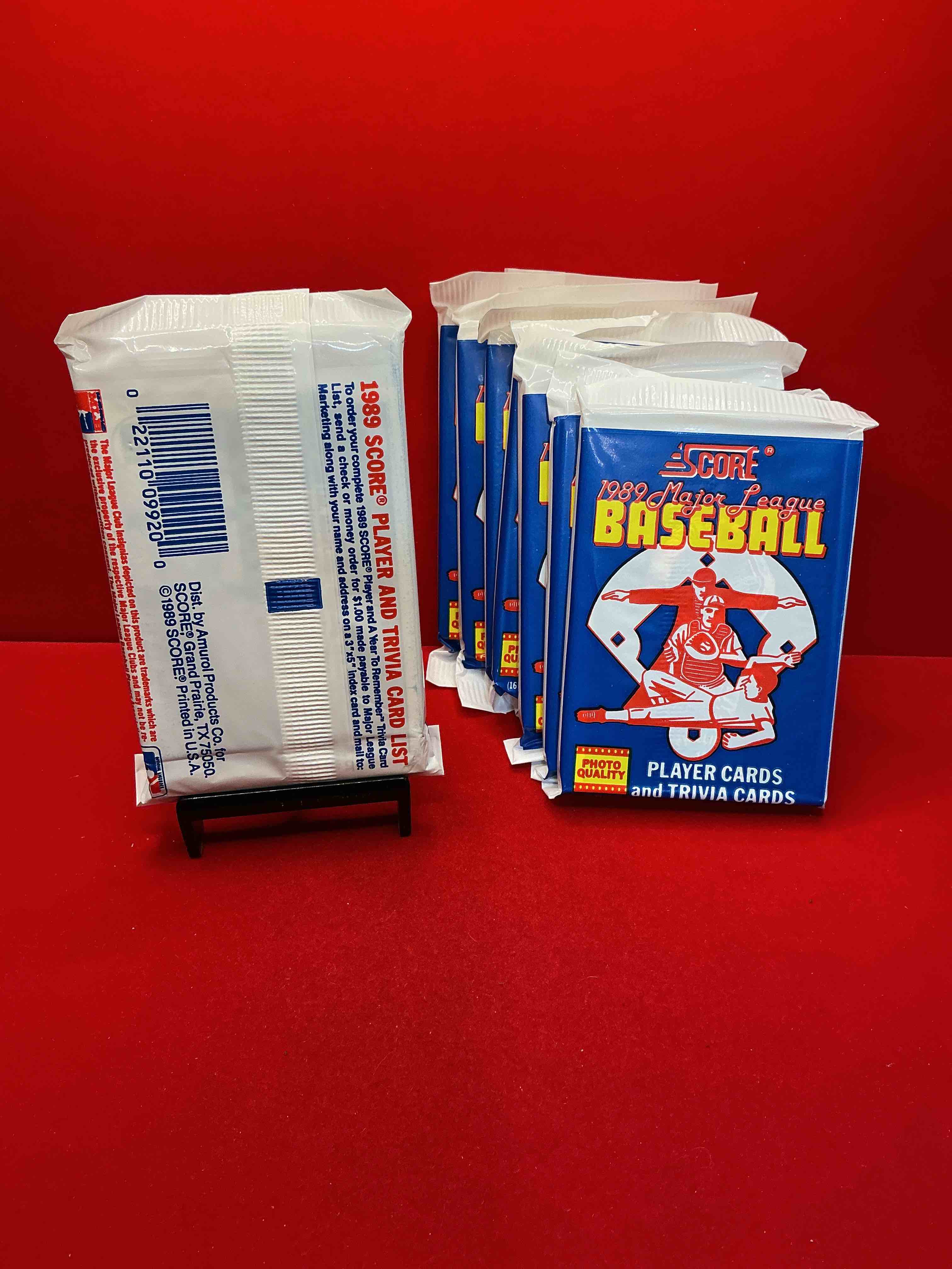 Condition photo showing New/Like New for 1989 score baseball sealed sports collectible card pack, direct from original retail case! search for valuable don mattingly #1 & so many cool nostalgic 80's players!