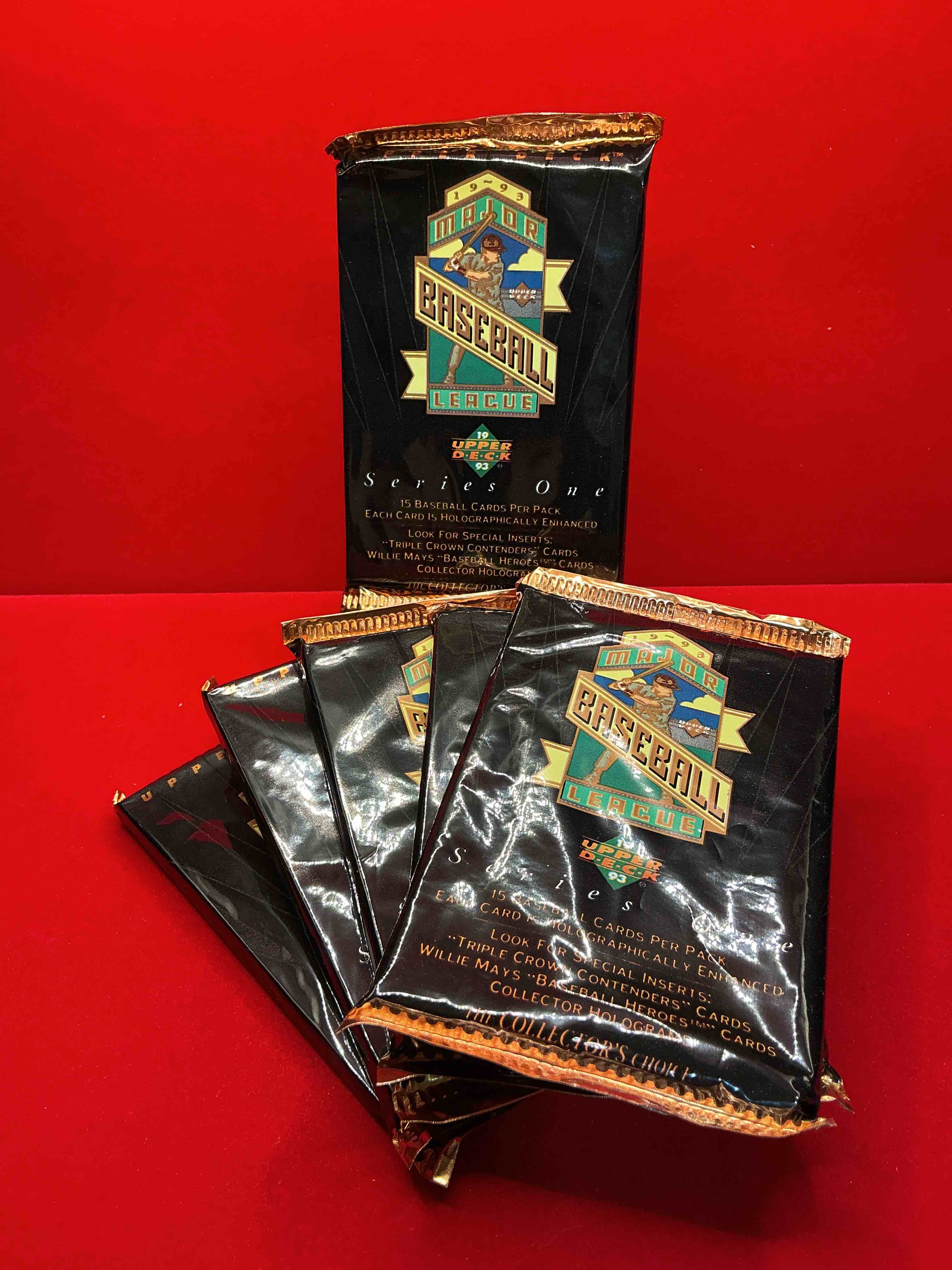 1993 upper deck series 1 baseball sealed 15 card pack, direct from original retail display case, search for derek jeter, ken griffey jr. & so much more! search for highly collectible inserts. these cards are highly sought after by collectors for their holographic design, these are premium baseball cards from 1993!