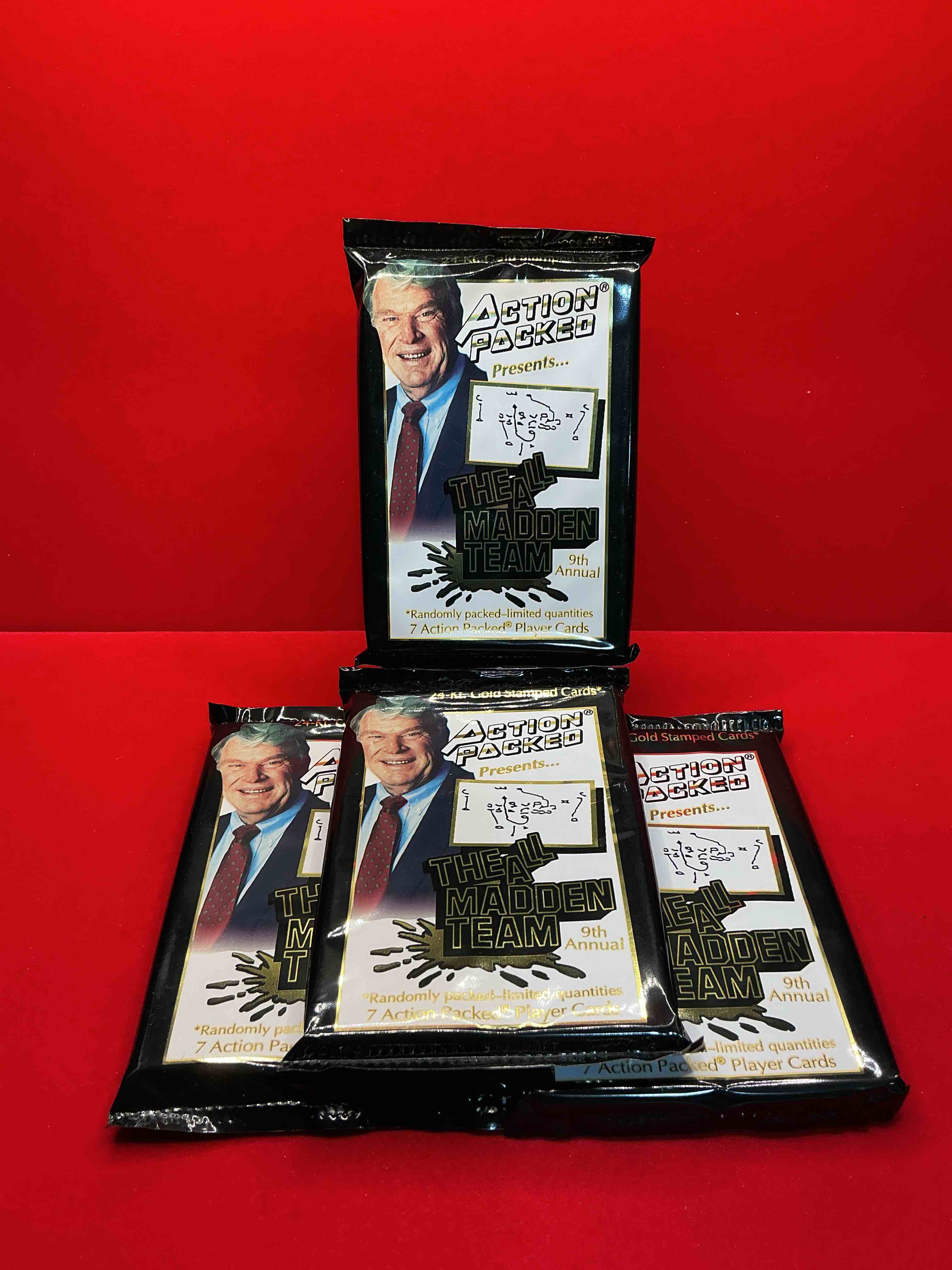 1993 nfl action packed! guaranteed star card inside! possible 24k gold leaf cards! awesome nfl packs! search for stars, michael irvin, jerry rice, joe montana, bo jackson, barry sanders & more!