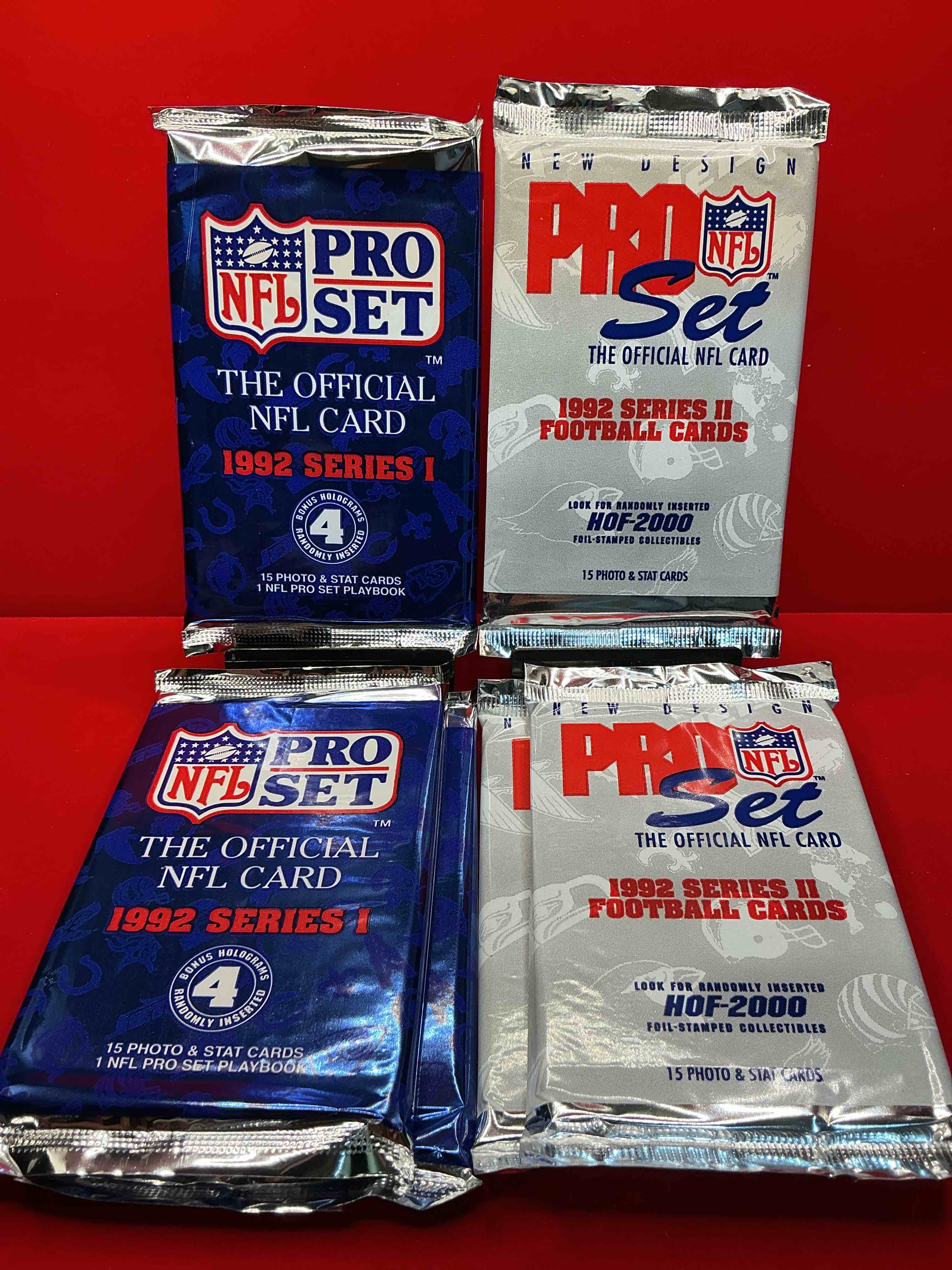 nfl pro set! wow! 1992 series i & ii football cards! possible rice, montana, elway, sanders, jackson & more! search for limited edition randomly inserted hof 2000 stamped collectibles!
