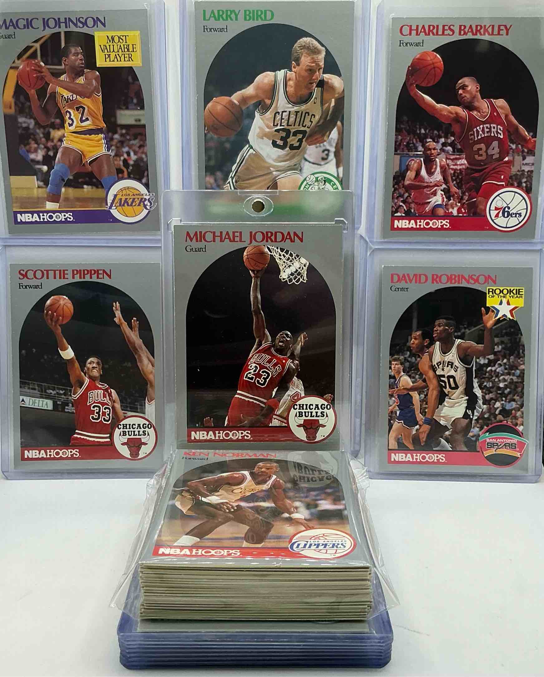 michael jordan! 1990 nba hoops 100 card basketball! the best cards from the year! michael jordan, magic johnson, larry bird, scottie pippen, david robinson, charles barkley, karl malone, clyde drexler & more! all stars, hall of famers, champions & more, the perfect mix of miscellaneous '90 nba variety!