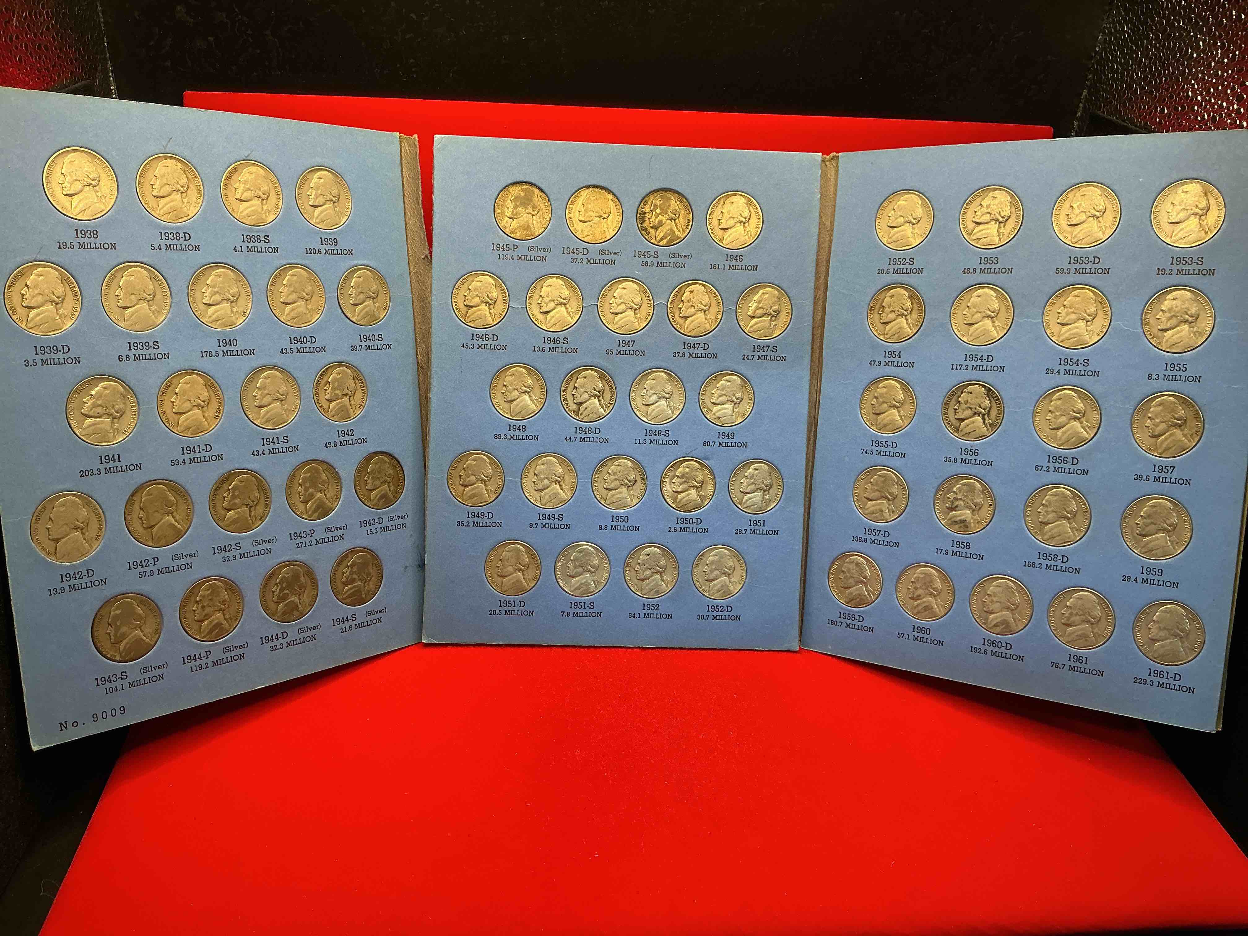 jefferson nickel collection, includes silver! wow! bid is per nickel, 66 total nickels! jefferson nickels were minted from 1938 to 1961, up for bid is one each of every nickel ever produced! collection includes eleven world war 2 era partial silver nickels & ultra rare 1950d nickel! includes holding case for all 66 nickels! bid is per each nickel. this collection nearly impossible to collect!