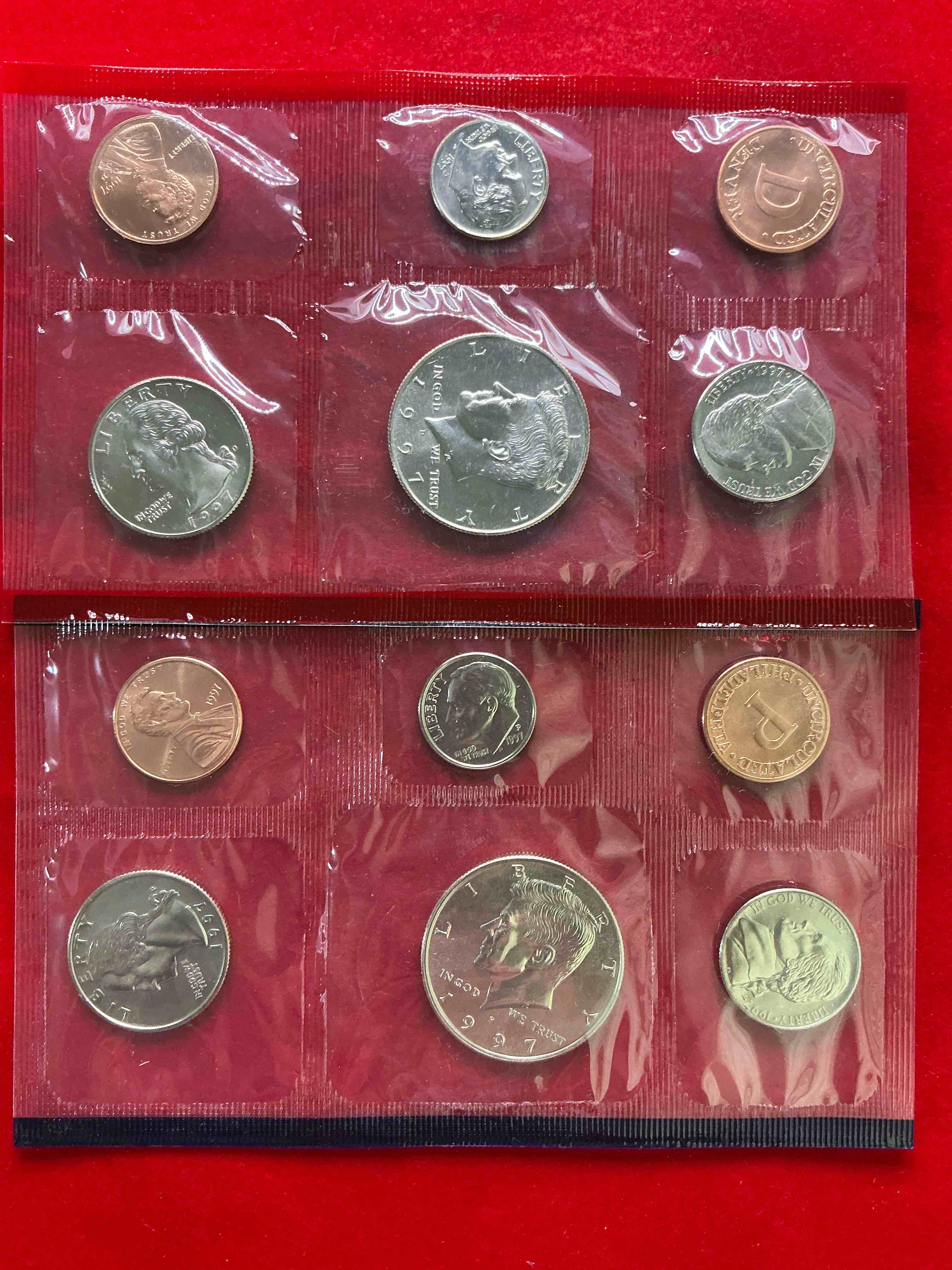 1997 uncirculated mint coins! 12 coin mint from philadelphia & denver! 12 coin uncirculated lot, with quarters, nickels, half dollars, dimes, pennies & more! uncirculated coin craziness!