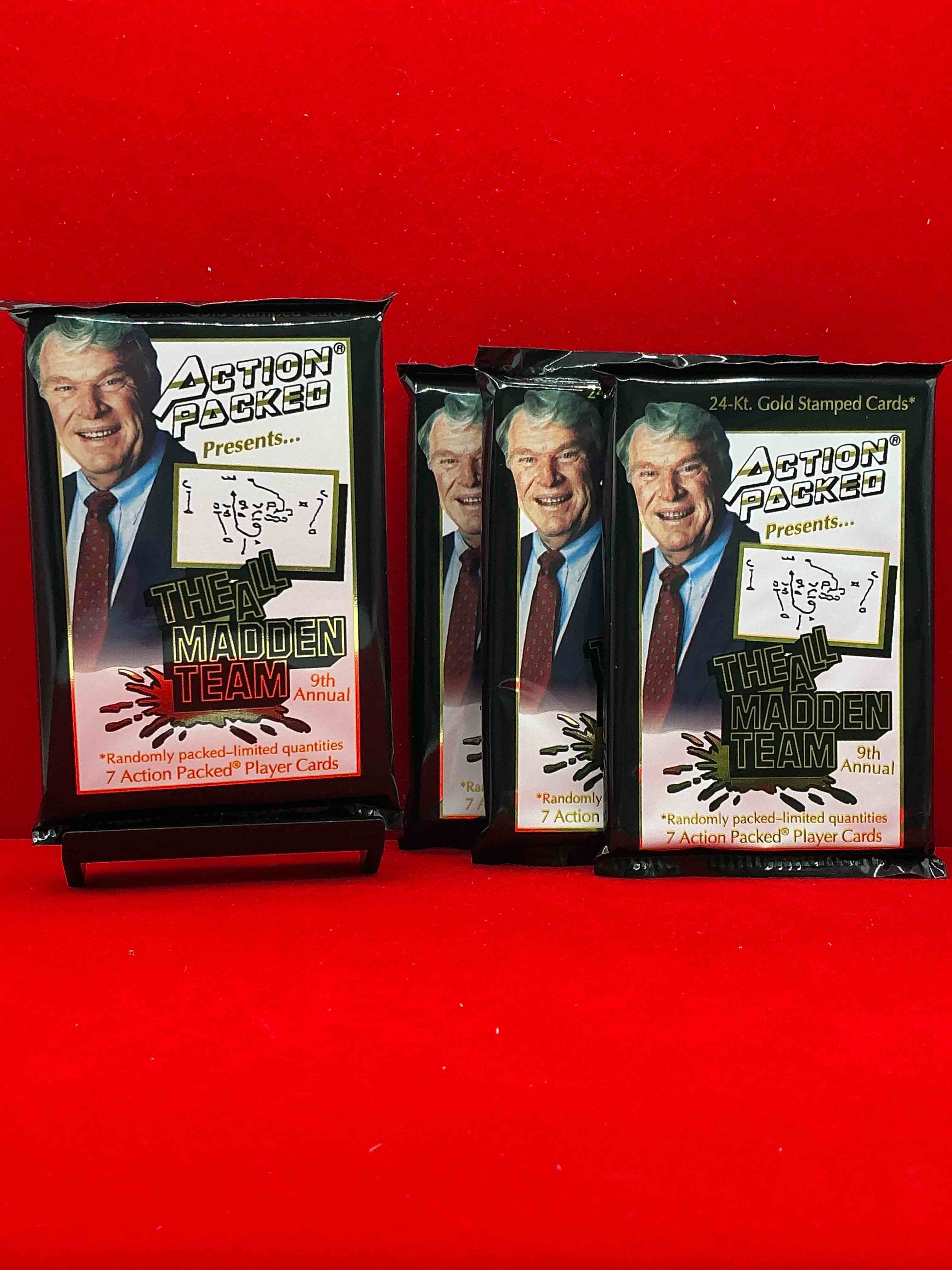 1993 nfl action packed! guaranteed star card inside! possible 24k gold leaf cards! awesome unopened nfl packs, direct from original retail case! search for stars, michael irvin, jerry rice, joe montana, bo jackson, barry sanders & more!