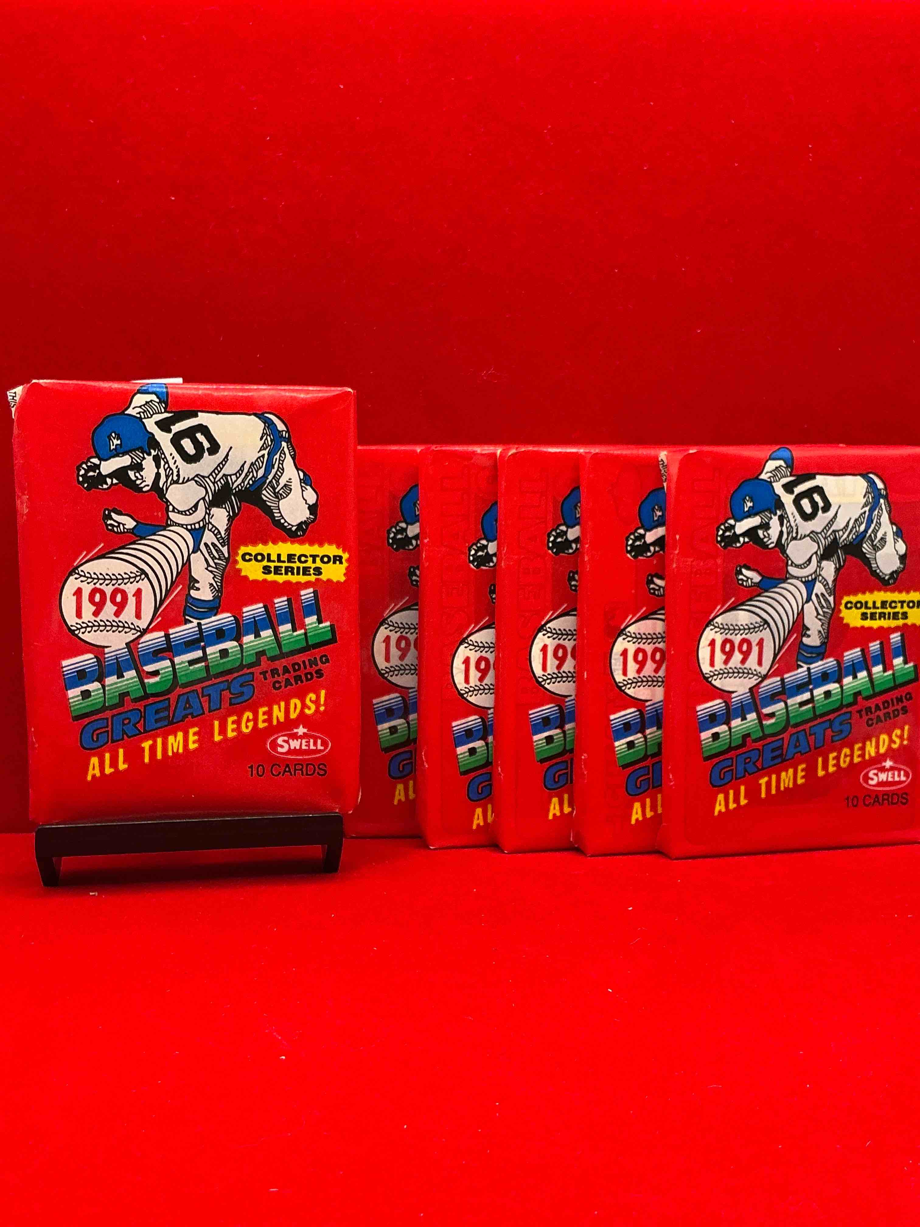 babe ruth!? willie mays!? wow! 1991 baseball greats! look for legendary cards featuring lou gehrig, ted williams, yogi berra, lou brock & more! “baseball greats… all time legends” packs! wow! collector series!