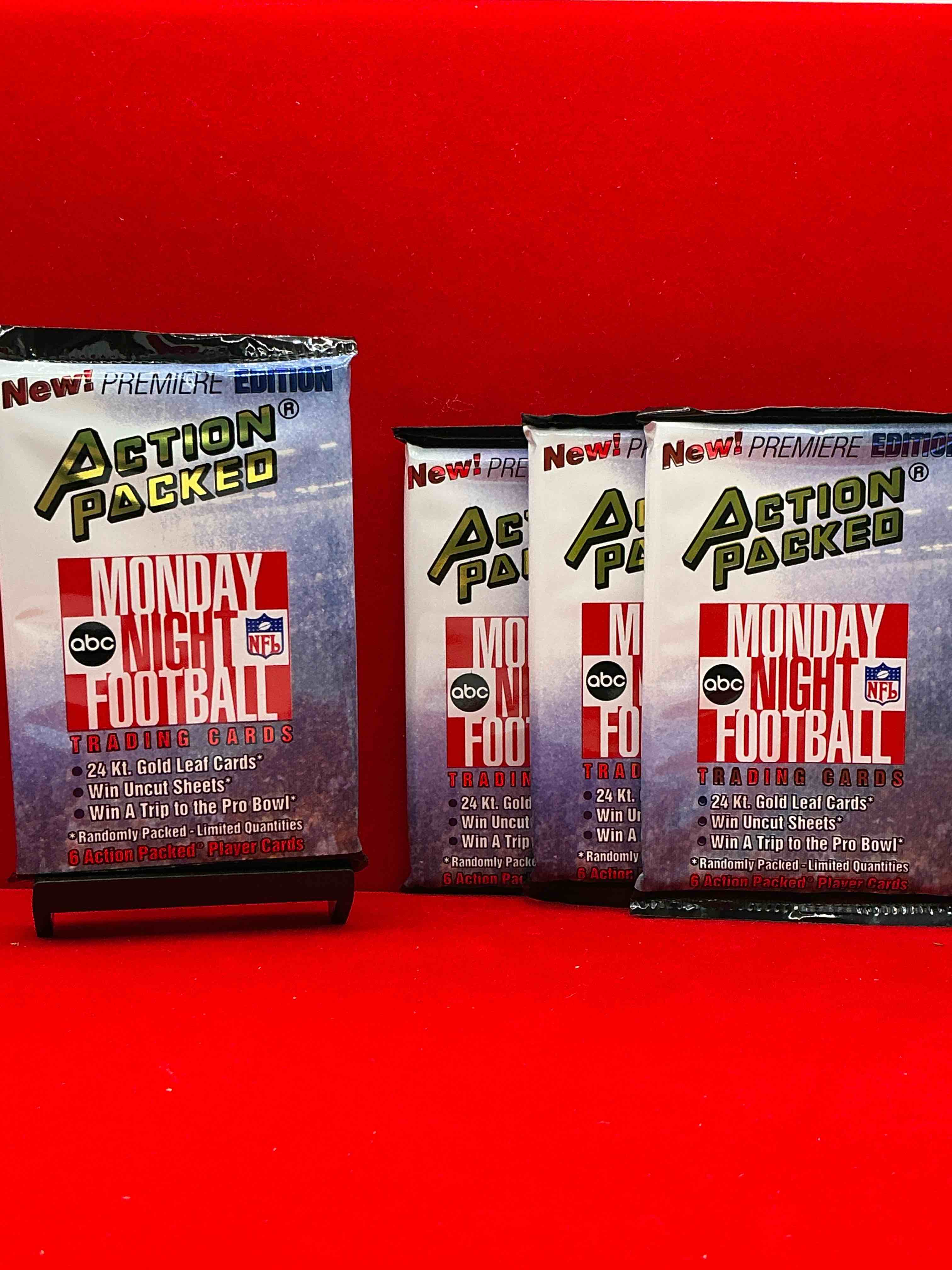 monday night football! rare edition! 1993 nfl action packed! guaranteed star card inside! possible 24k gold leaf cards! awesome nfl packs! search for stars, michael irvin, jerry rice, joe montana, bo jackson, barry sanders & more!