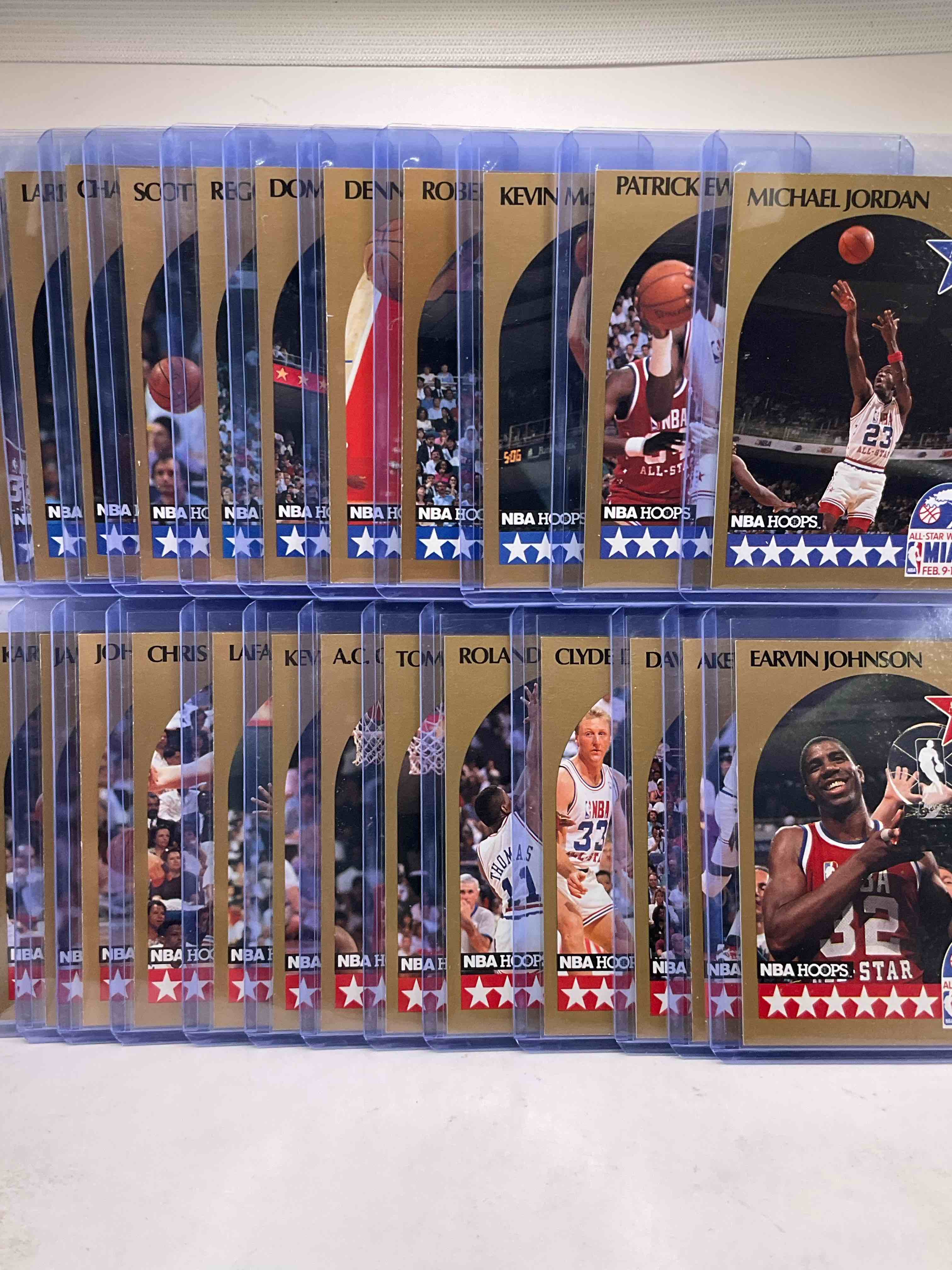 nba insanity! 1990 all star nba hoops cards! michael jordan, larry bird, magic johnson, dominque wilkins, hakeem olajuwon, pippen, barkley, malone, drexler, stockton & more! wow! basketball card lot!