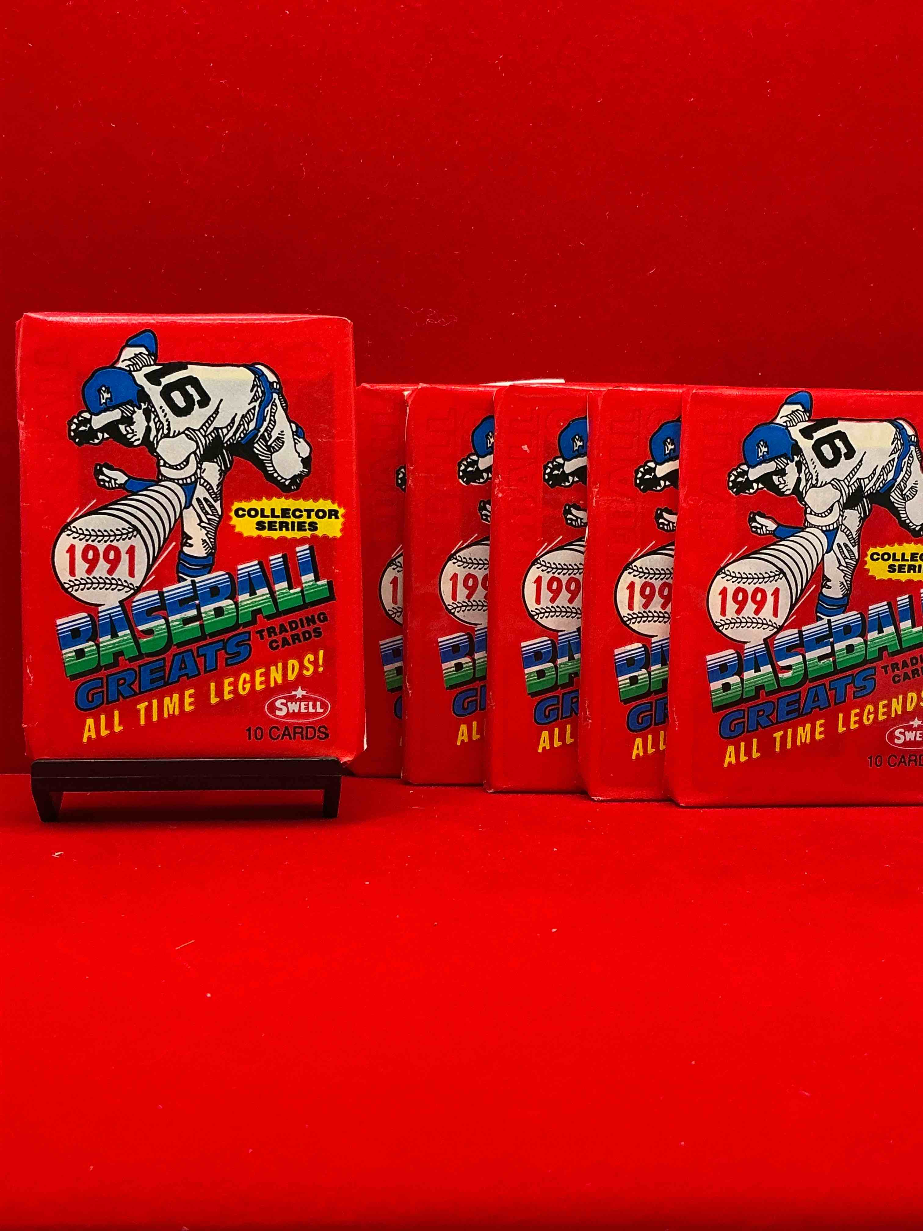 babe ruth!? willie mays!? wow! 1991 swell baseball greats unopened packs, direct from original retail case! look for legendary cards featuring lou gehrig, ted williams, yogi berra, lou brock & more! “baseball greats… all time legends” packs! wow! collector series!