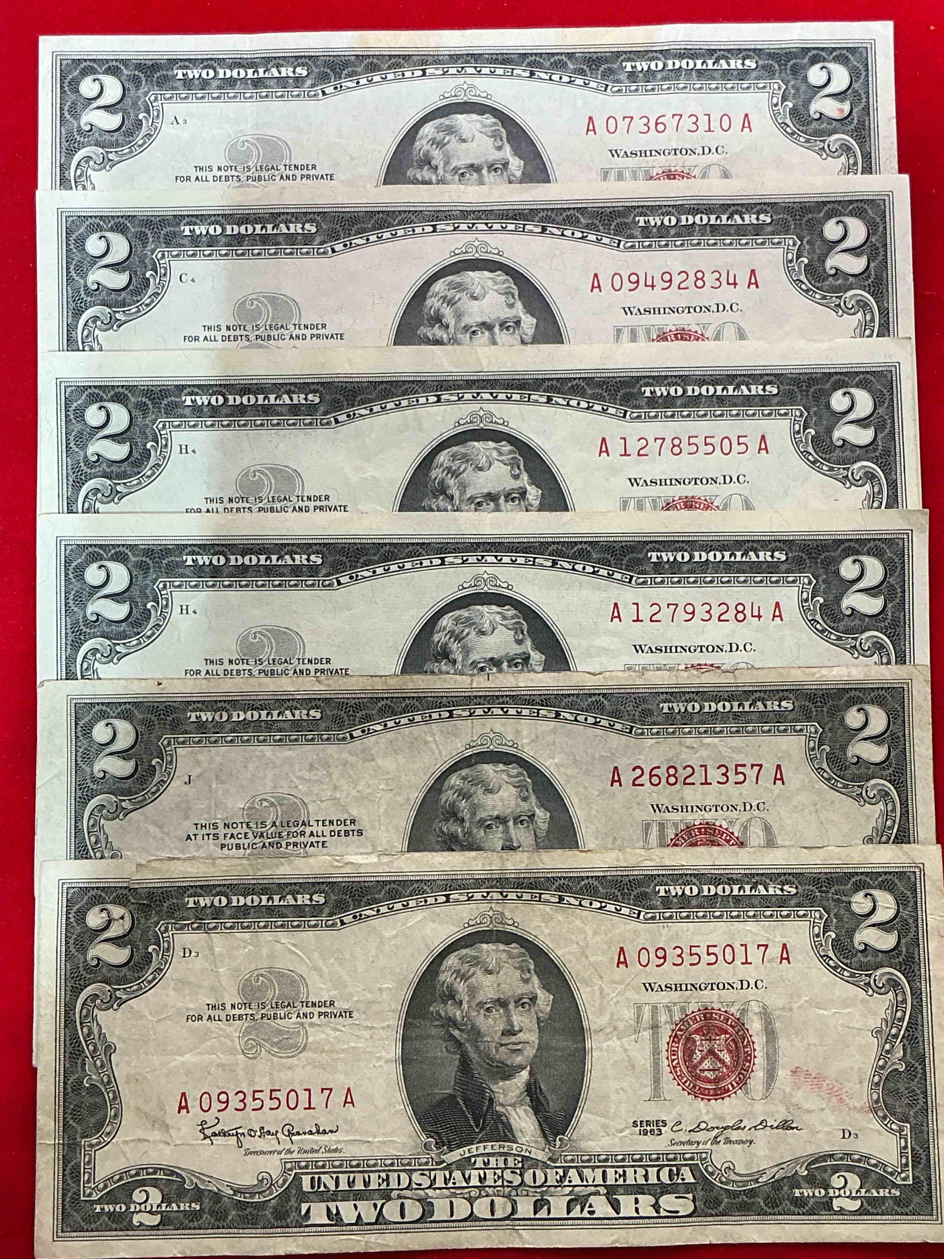rare red seal two dollar bills! 1953 & 1963 edition paper money! check out these rare bills, perfect addition to any collection!