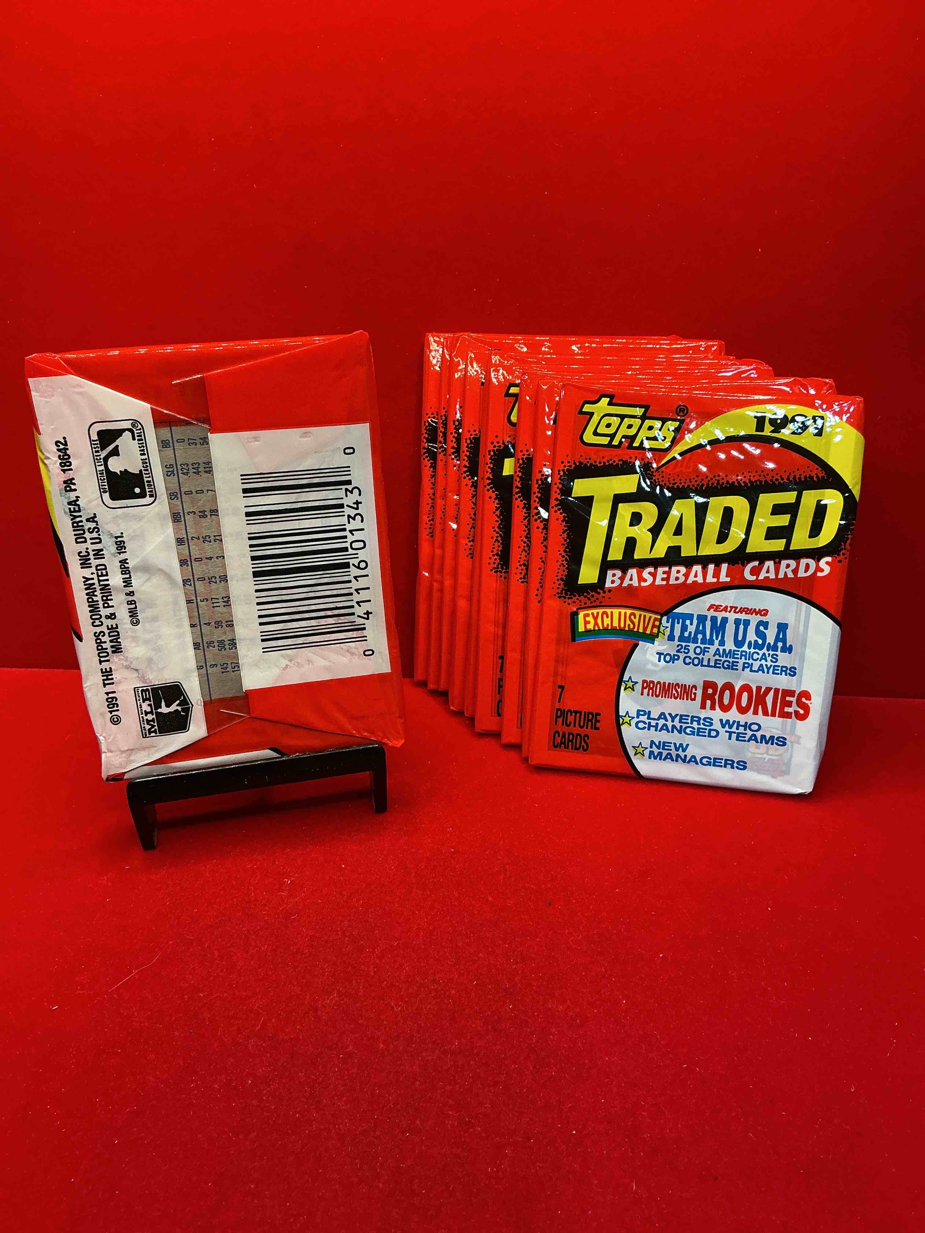 Condition photo showing New/Like New for 1991 topps traded baseball card unopened packs, straight from box! search for ken griffey jr cards, bo jackson cards & other 80s & 90s stars! perfect baseball packs!