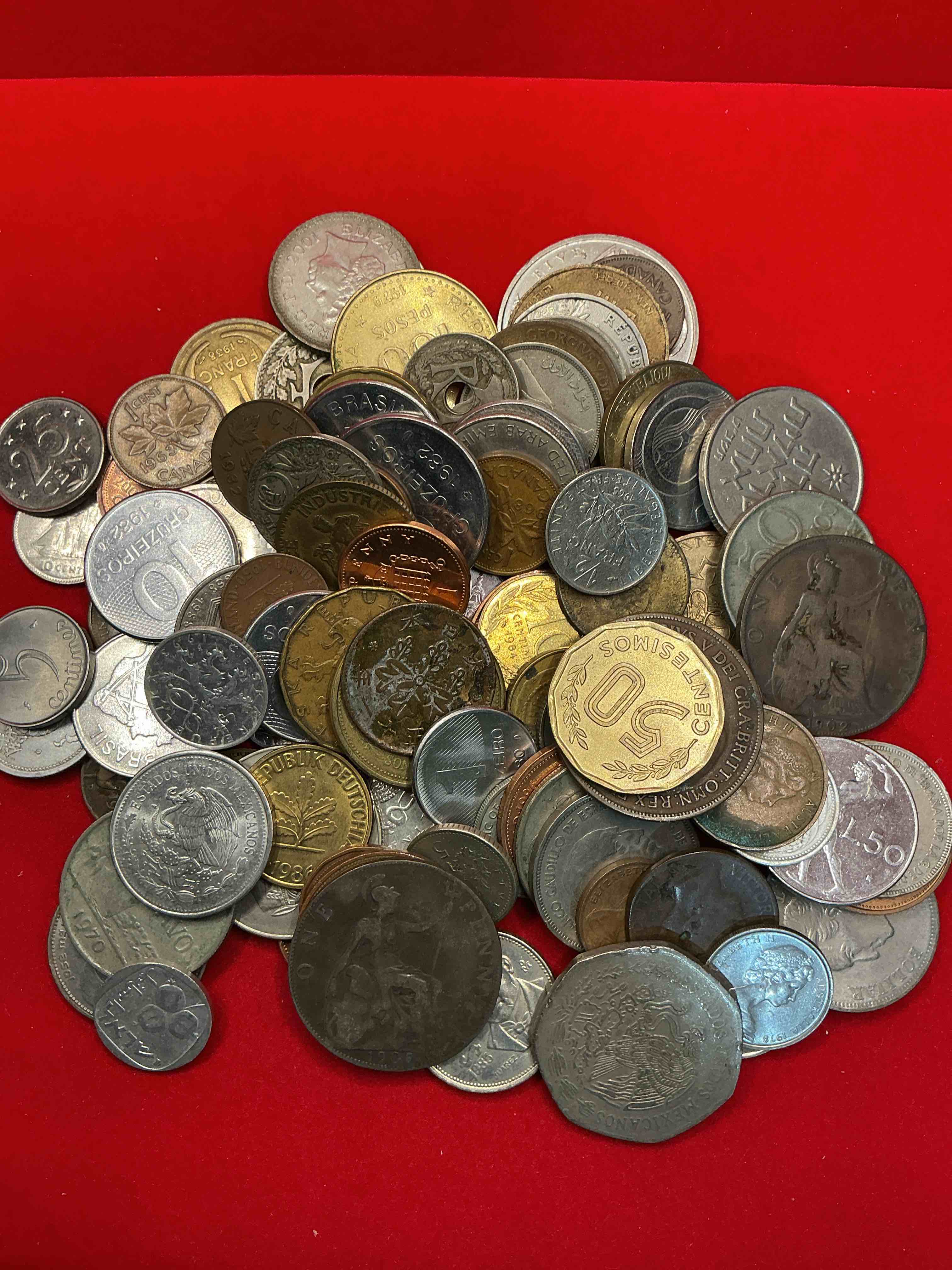 Condition photo showing Good Condition for world coins, antique & vintage! each lot is unique! many different years, countries, sizes & exotic places. this cool collection of antique coins from around the world is loads of fun! have fun identifying each coin & country as a great educational tool! a great investment too!