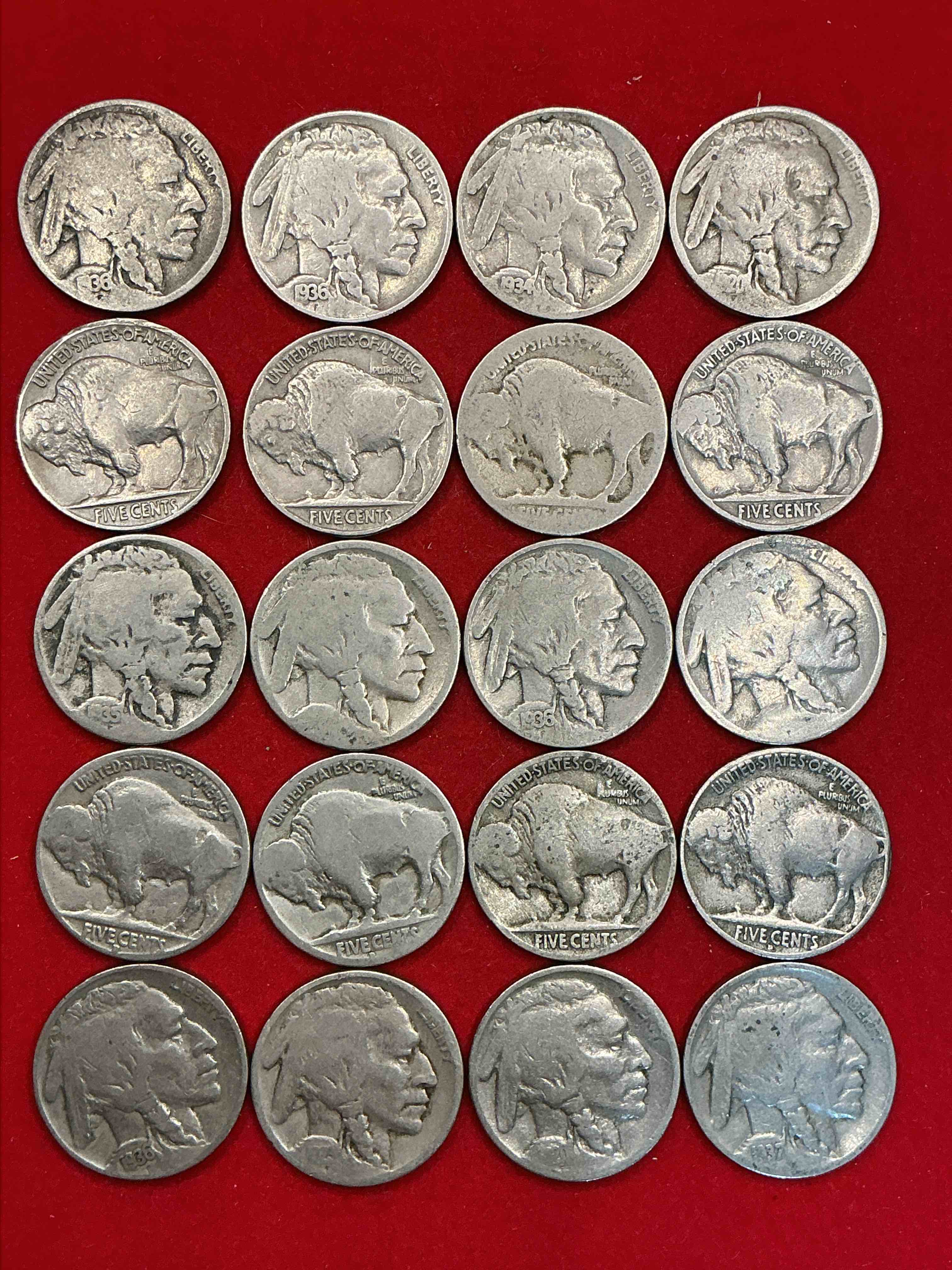 Condition photo showing Good Condition for historic buffalo nickels! indian head buffalo nickels were minted from 1913 to 1938 & have become a favorite for coin collectors around the world! own pieces of american history with these cool indian head buffalo nickels in circulated condition, most with visible dates is very rare for buffalo nickels!