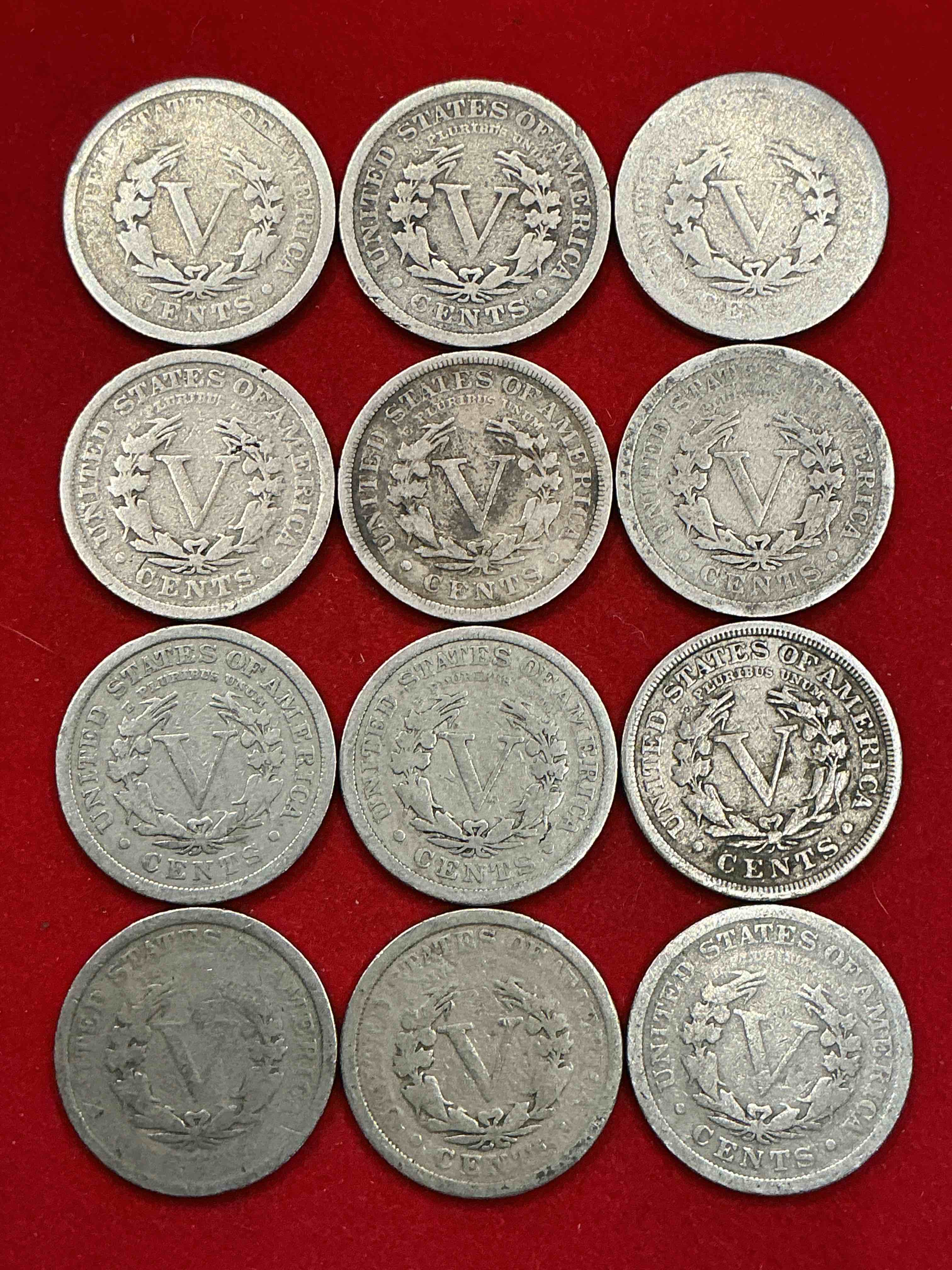 Condition photo showing Good Condition for antique u.s. v nickels! think of the history these coins have seen!, liberty head v nickels were minted up until 1913 & were the style of nickels before buffalo nickels. own some cool pieces of history! rare to see these coins with the "date on" in circulated condition!